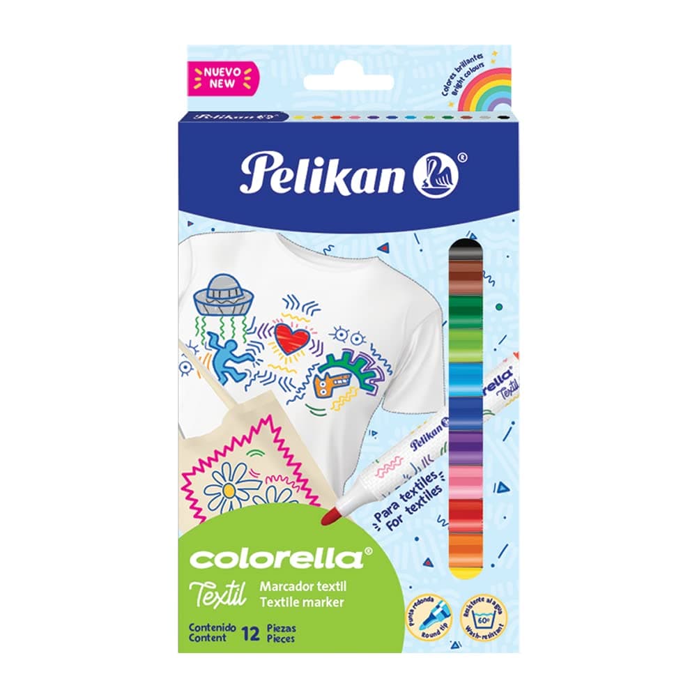 Pelikan Plumón Colorella Textil con 12 Piezas. Ideal para pintar sobre telas. No mancha