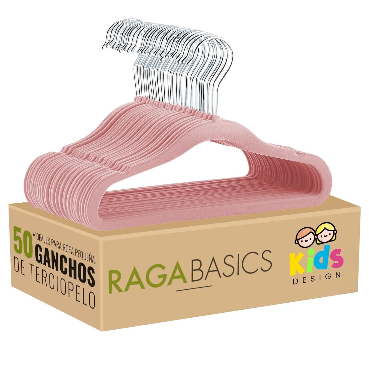 RagaBasics, Set de 50 Ganchos de Terciopelo para Niños, Perchas Metalicos de Alta Calidad