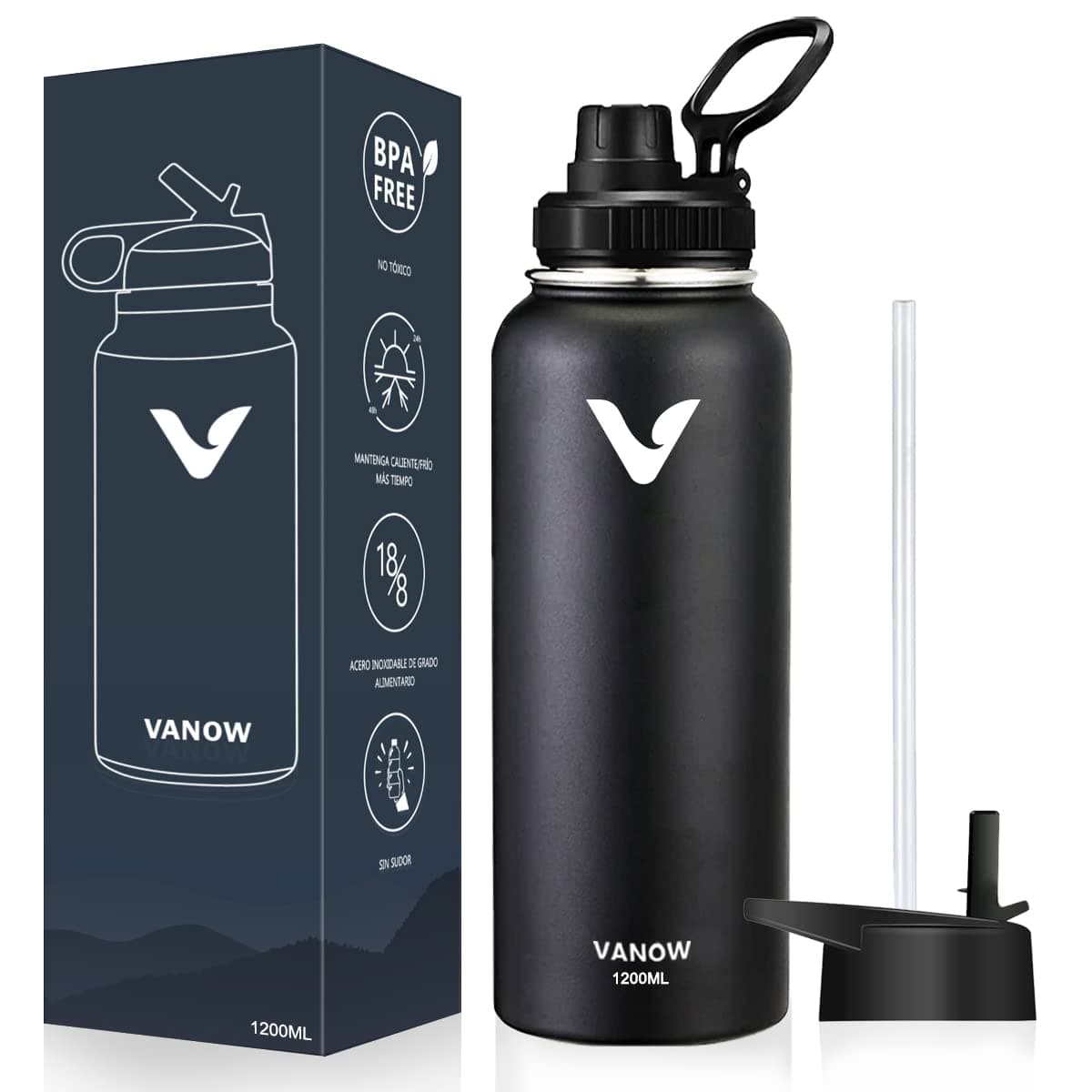E T EASYTAO Termos para Agua con 2 Tapas, 40OZ Botella de Agua Negro