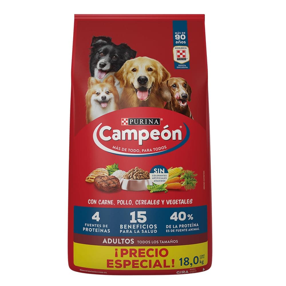 Purina Campeón Adulto Raza Grande Sabor Carne, Pollo y Cereales 18Kg