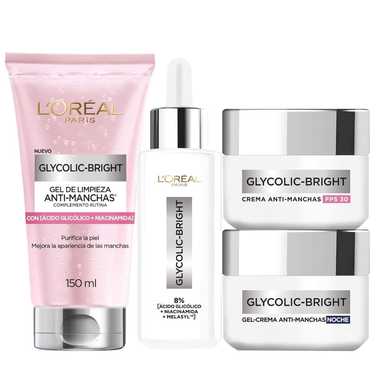 L'ORÉAL PARIS SKIN Kit Anti-Manchas Glycolic Bright: Sérum 30ml + Crema Día/Noche 50ml + Gel