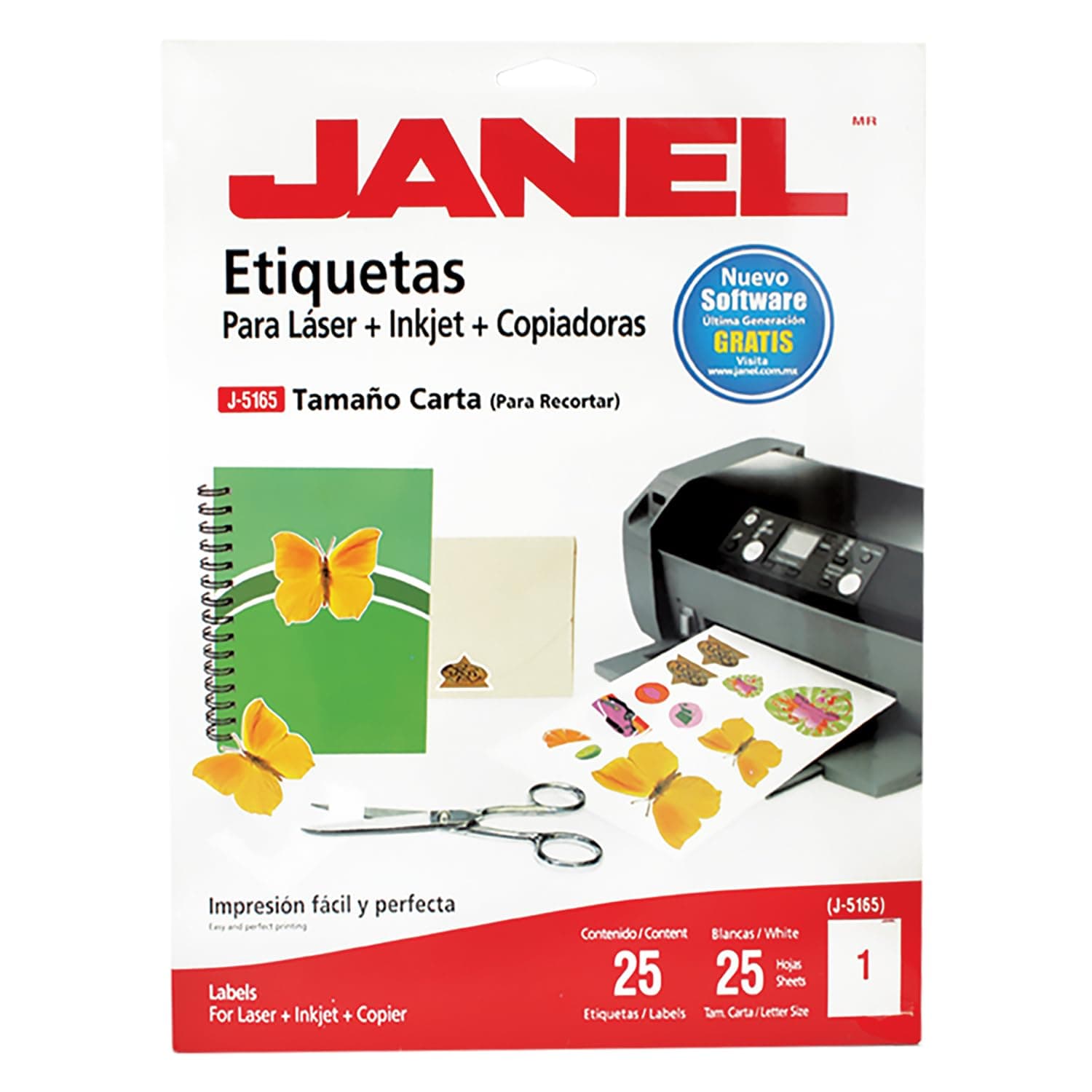 JANEL J5165 | Etiquetas Adhesivas Láser | Tamaño Carta 216 mm x 279 mm | Compatibles