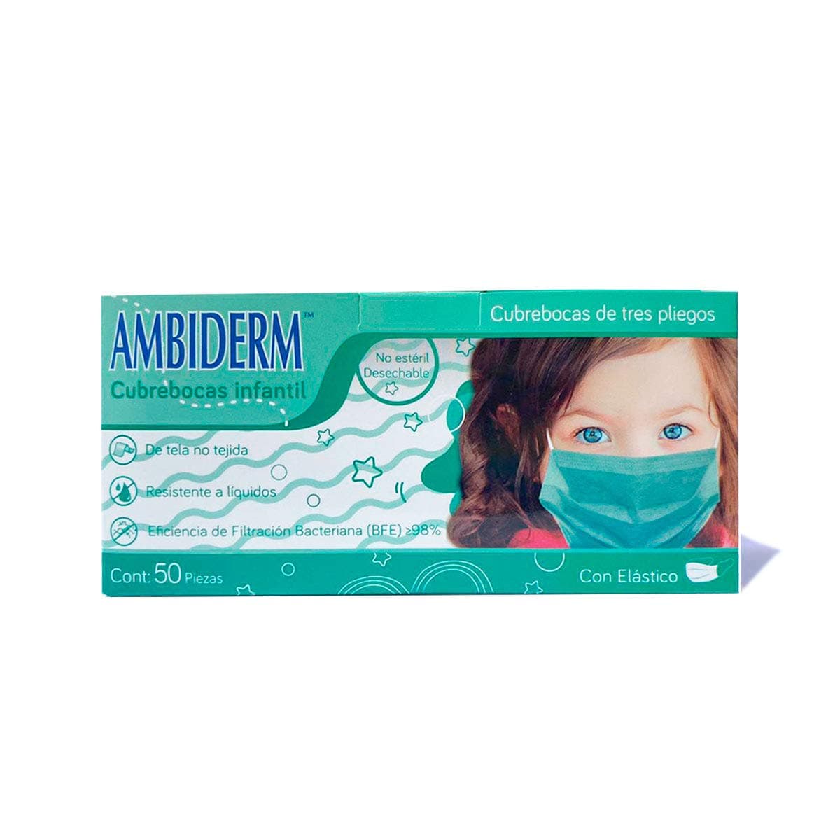 CUBREBOCAS DE 3 PLIEGOS INFANTIL C/ELÁSTICO VERDE CAJA C/50 PZAS