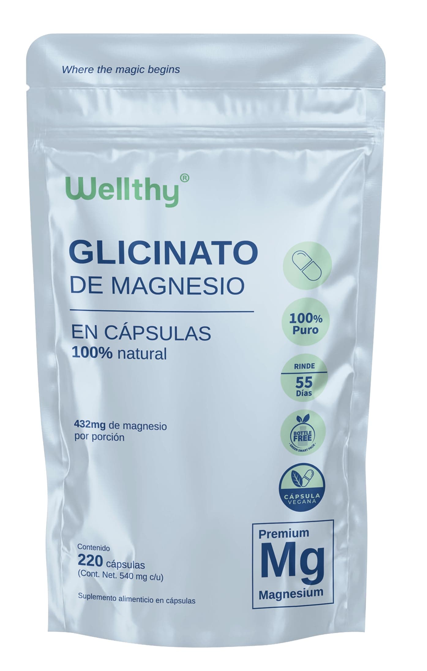 Wellthy Glicinato de Magnesio 220 Cápsulas 432mg. 100% Natural