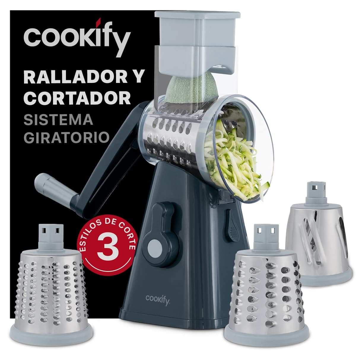 Cookify Rallador Giratorio de Verduras y Queso Cortador Gris Oscuro