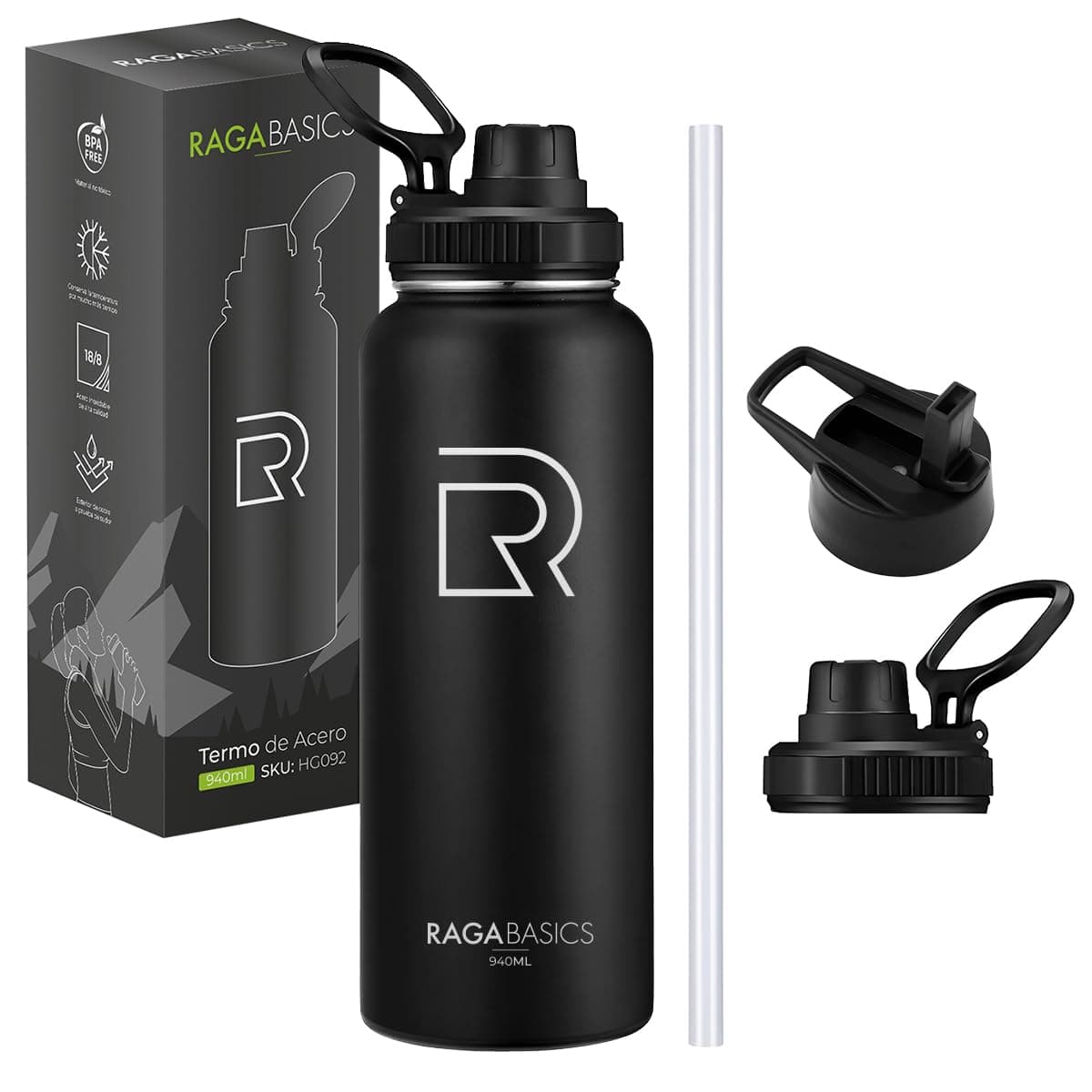 Raganet, Termo de Acero Inoxidable Doble Pared de 940ml, Botella de Agua Termica con 2 Tapas