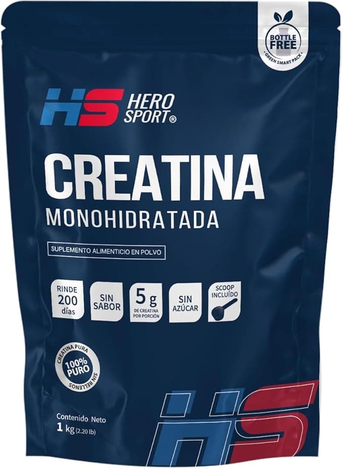 HS HERO SPORT Creatina Monohidratada de Alta Pureza 1kg (1000mg) en Polvo. 5g de Creatina por