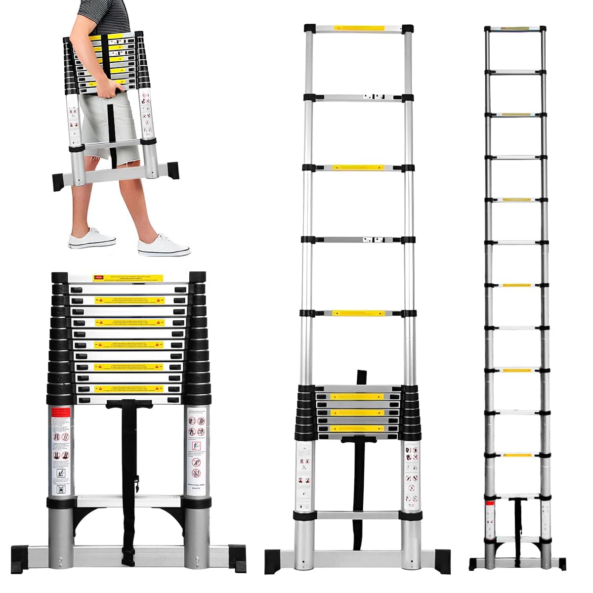 Raganet, Escalera Telescópica Recta, Escalera de Recta de Altura Ajustable, Aluminio Reforzado y