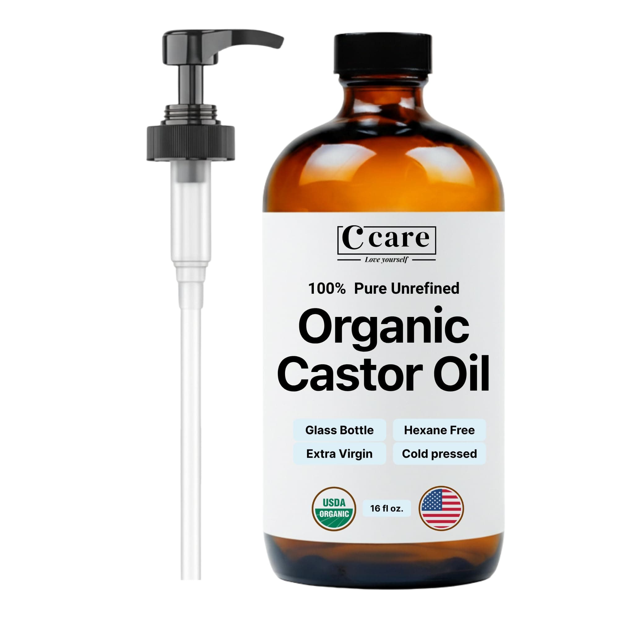 C CARE Aceite de Ricino Orgánico Prensado En Frío Sin Refinar Botella de Vidrio Sin Refinar Usda