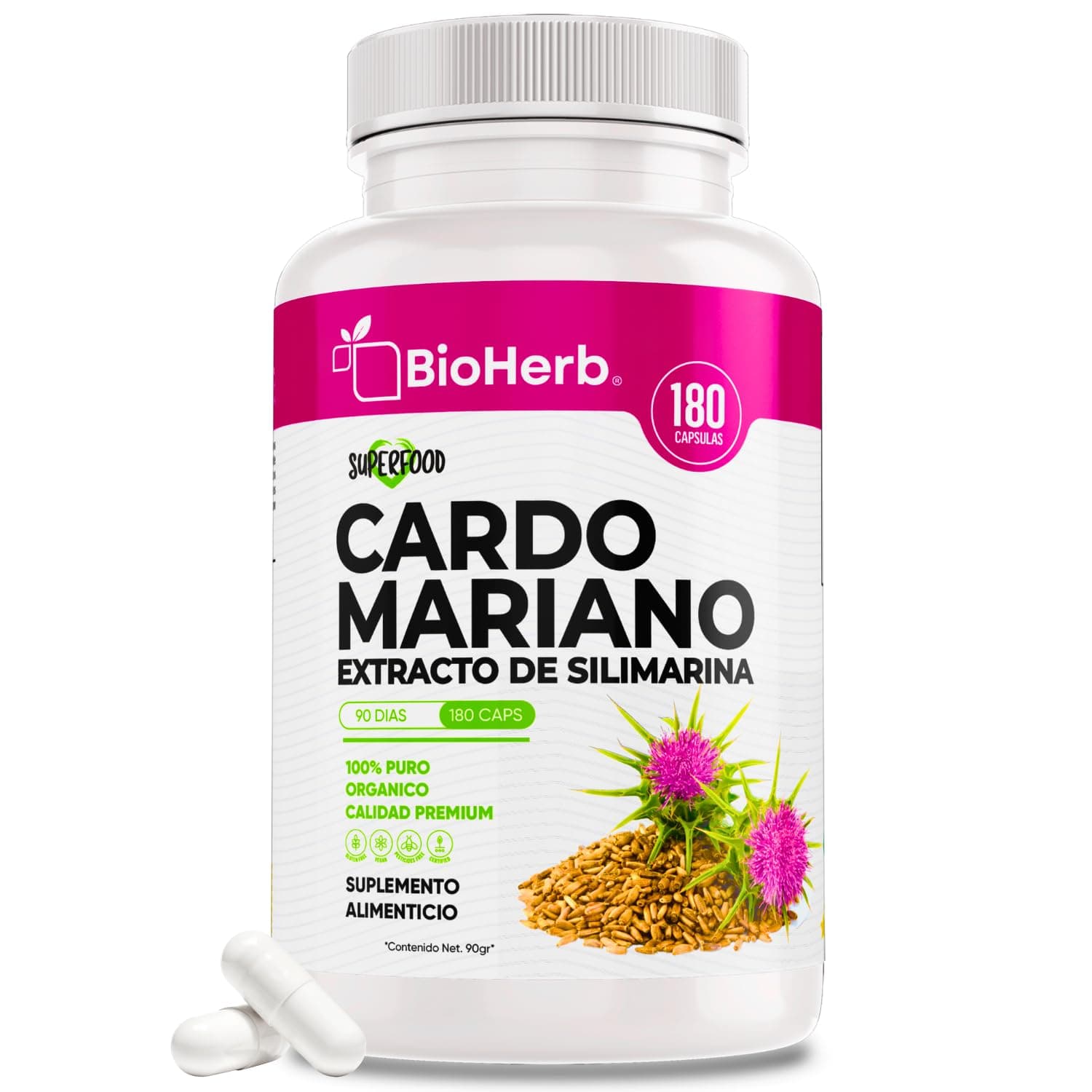 BioHerb® | Cardo Mariano 100% Puro | Extracto de Silimarina Estandarizado al 80% con 180 Cápsulas