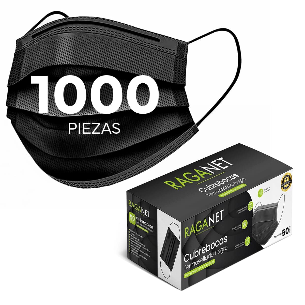 Raganet, 1000 Cubrebocas Tricapa Termosellado Color Negro Calidad Premium (1000 PACK)