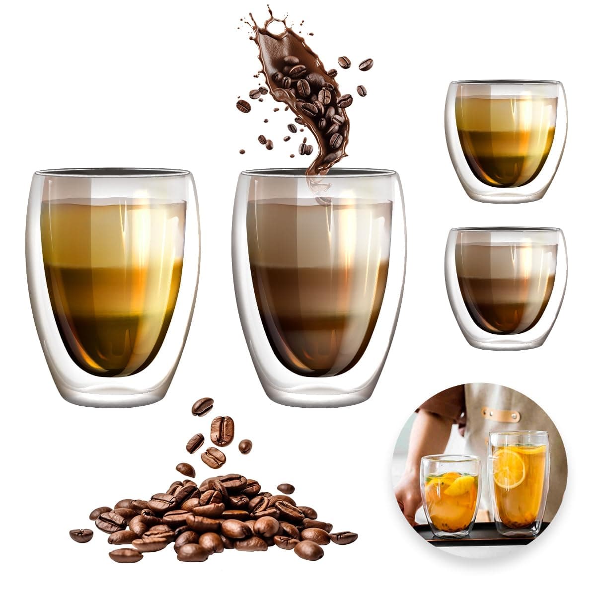 Raganet, Juego de 4 Vasos para Café de Vidrio de Doble Pared, 2 Vasos por Medida 350Ml y 150Ml