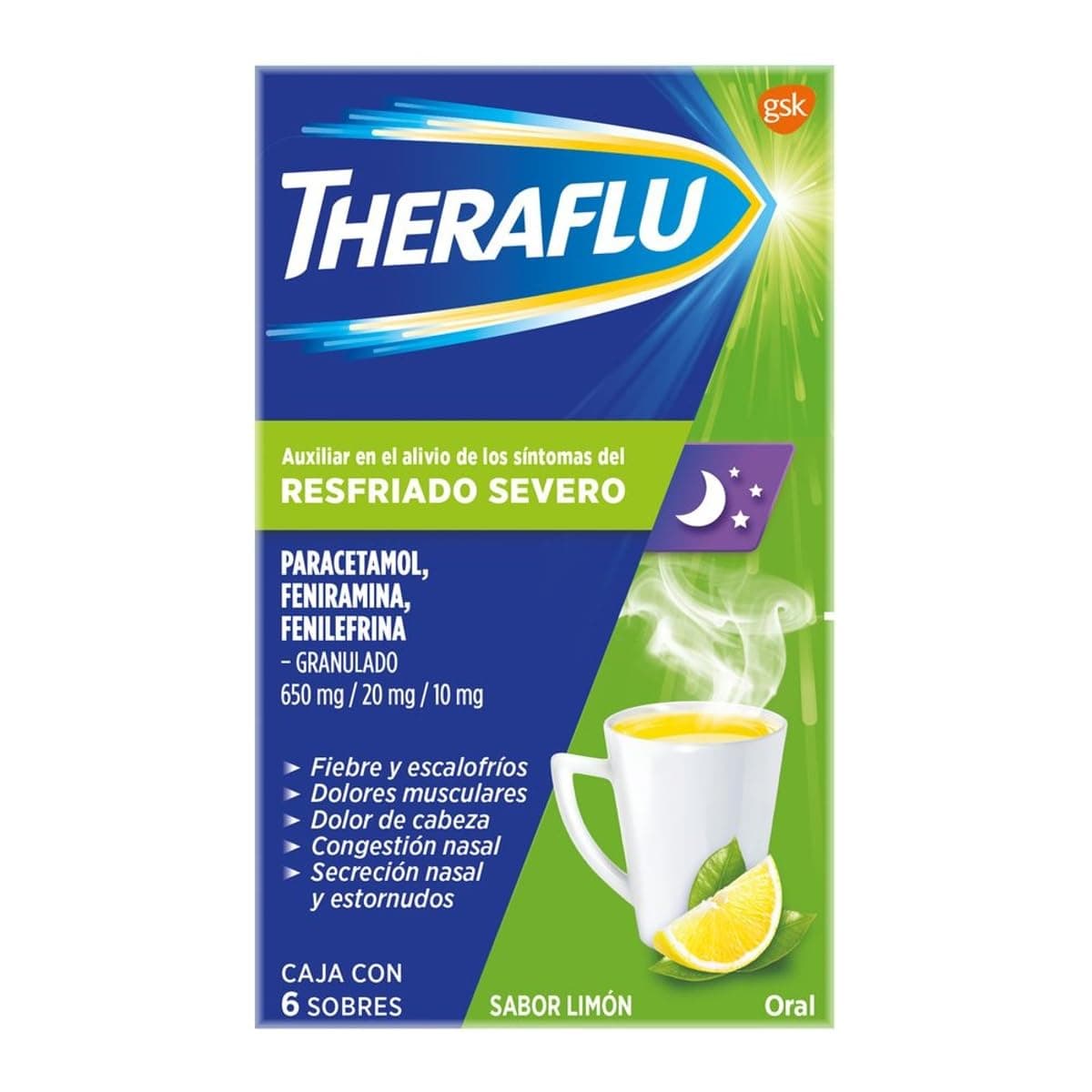 Theraflu Noche, Té Antigripal para Resfriado Severo, 6 Sobres