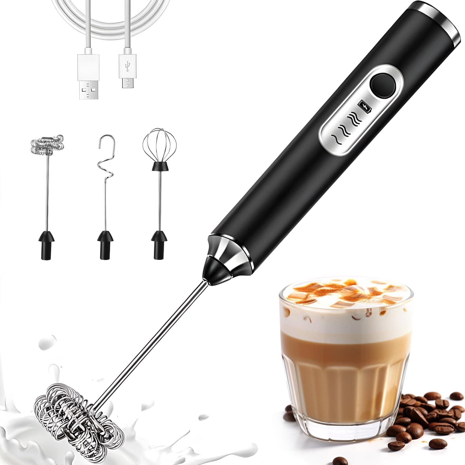 Espumador de Leche, 3 en 1 Batidora de Mano Recargable USB