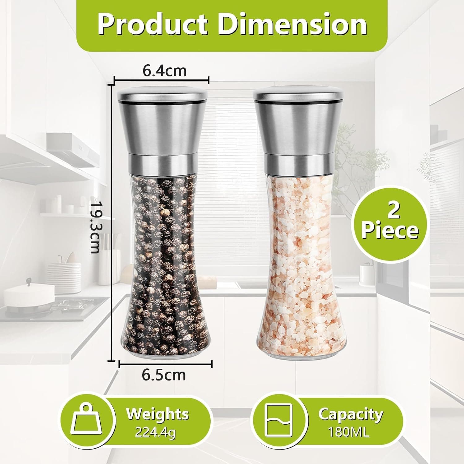 OKHOUSE 2Pcs de Molinillo Manual de Sal y Pimienta, Moledor de Especias de Acero Inoxidabley Vidrio