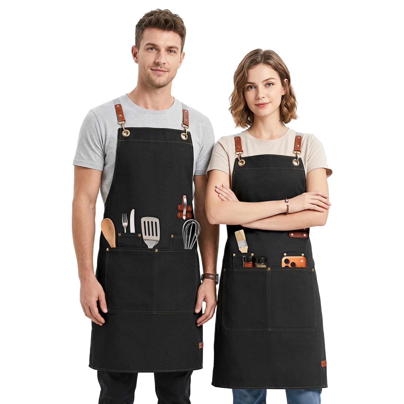 2 Piezas Delantal, Mandiles de Cocina para Mujeres Hombres, Delantal de Chef Impermeable con 4