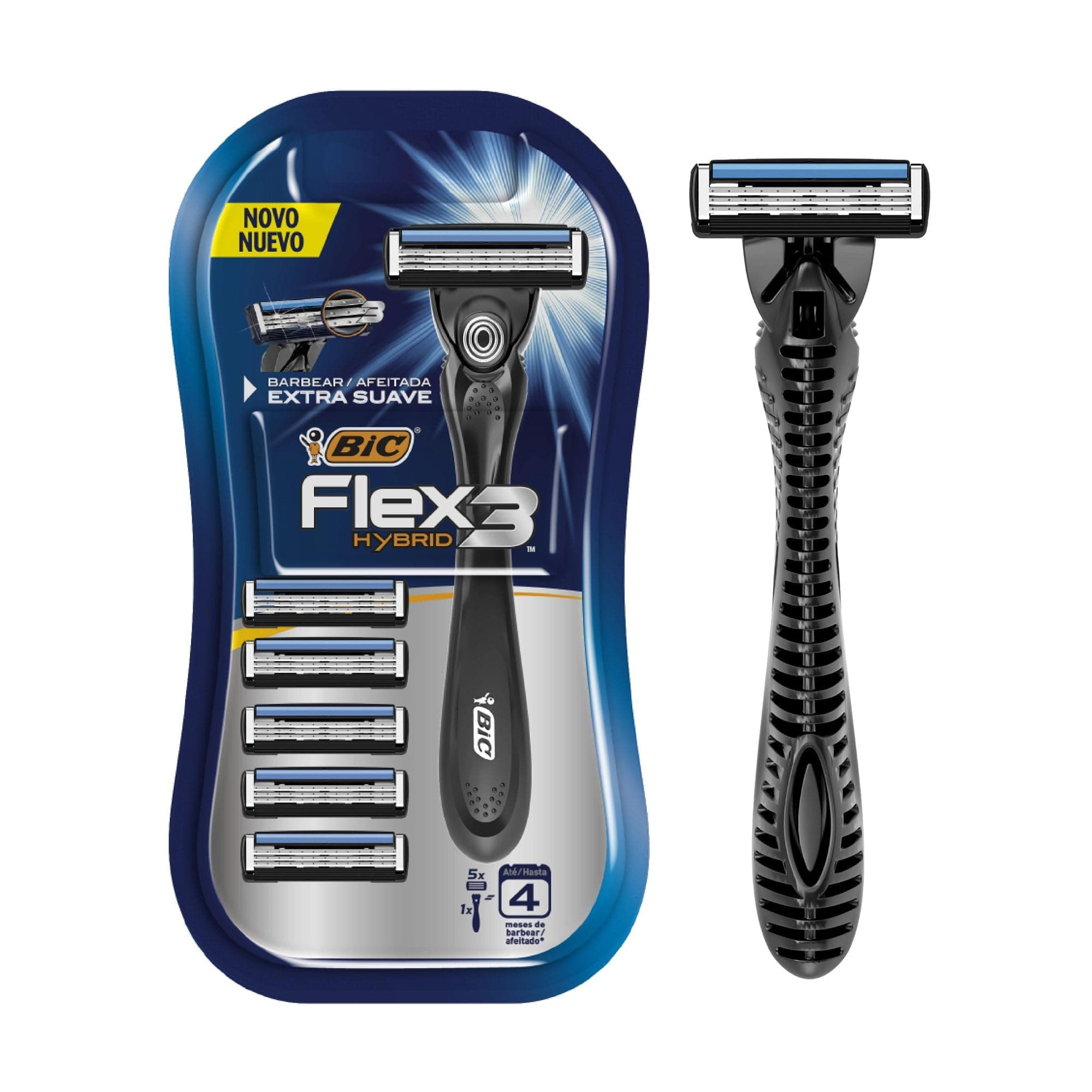 BIC Rastrillo Flex 3 Hybrid Mango Texturizado Cabeza Móvil Doble Banda Lubricante