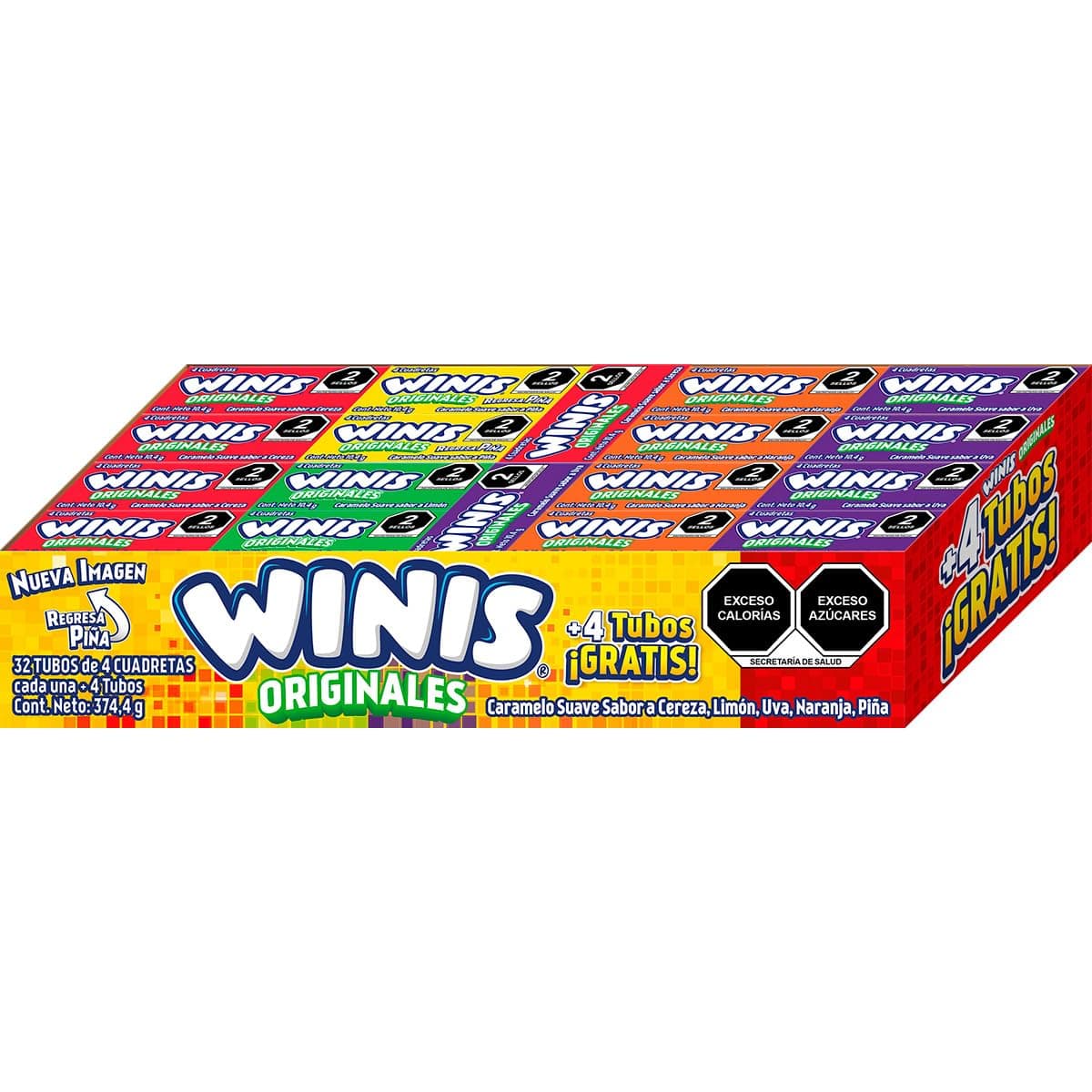 Winis Originales Tubo con 4 Cuadretas de 2.6 g c/u. Display con 32 tubos + 4 tubos gratis