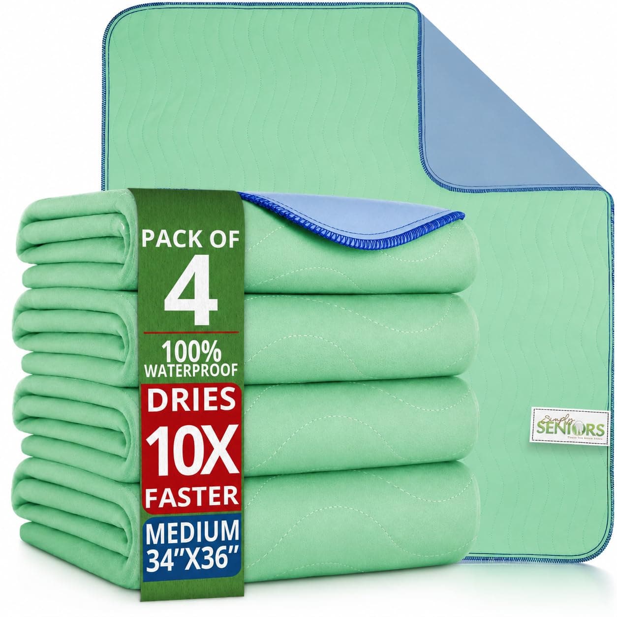 Protector de Cama Pañal Adulto Lavable Impermeable 86x91 cm (34x36) – 4 Almohadillas Absorbentes
