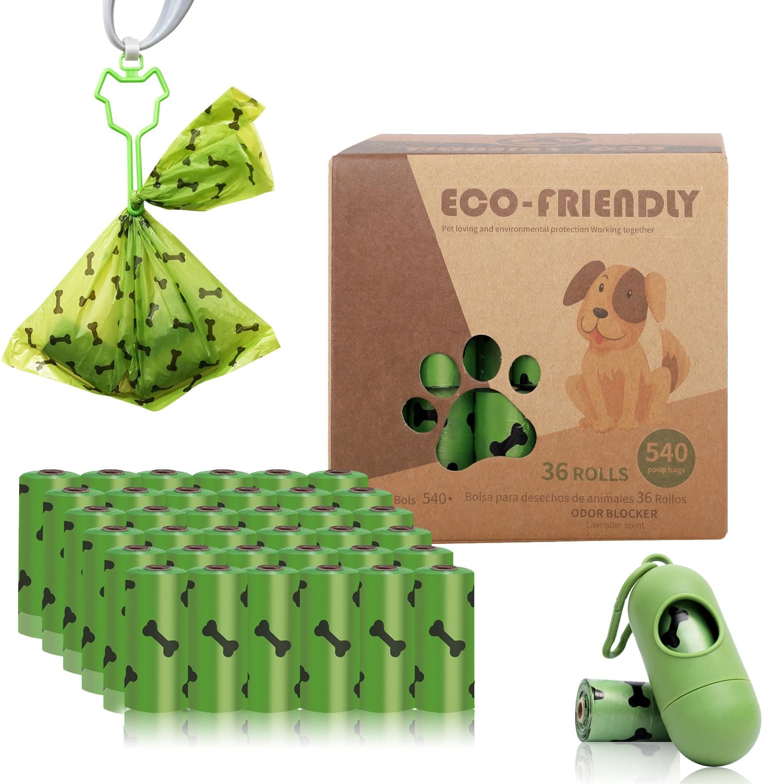 MCSWKEY Bolasas de Perro, 540 Bolsas Popo para Perro Biodegradables en 36 Rollos+ Dispensador + 1
