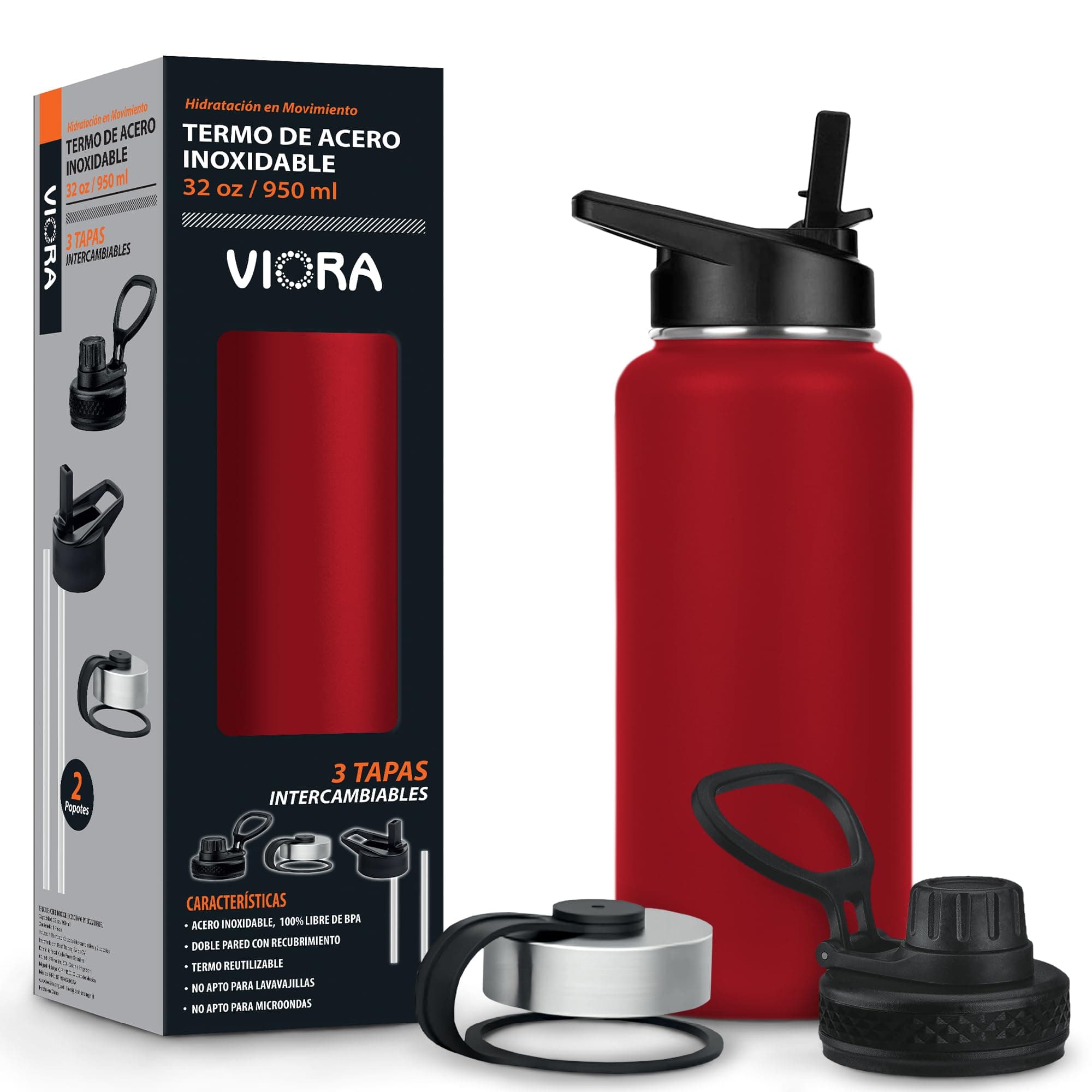 VIORA Termo de Acero Inoxidable para Café y Agua 950 ml (32 oz): Contiene 3 Tapas para Diferentes