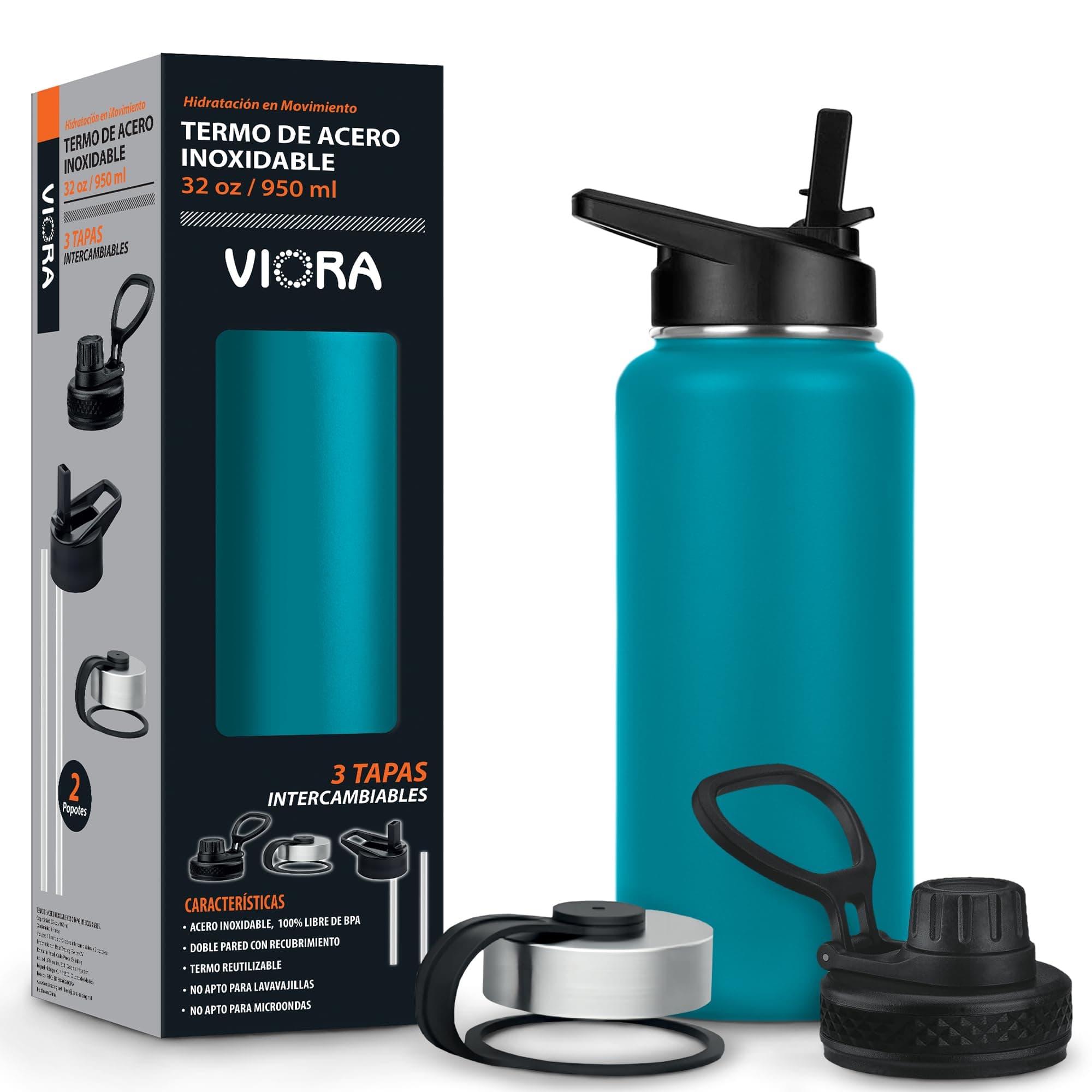 VIORA Termo de Acero Inoxidable para Café y Agua 950 ml (32 oz): Contiene 3 Tapas para Diferentes