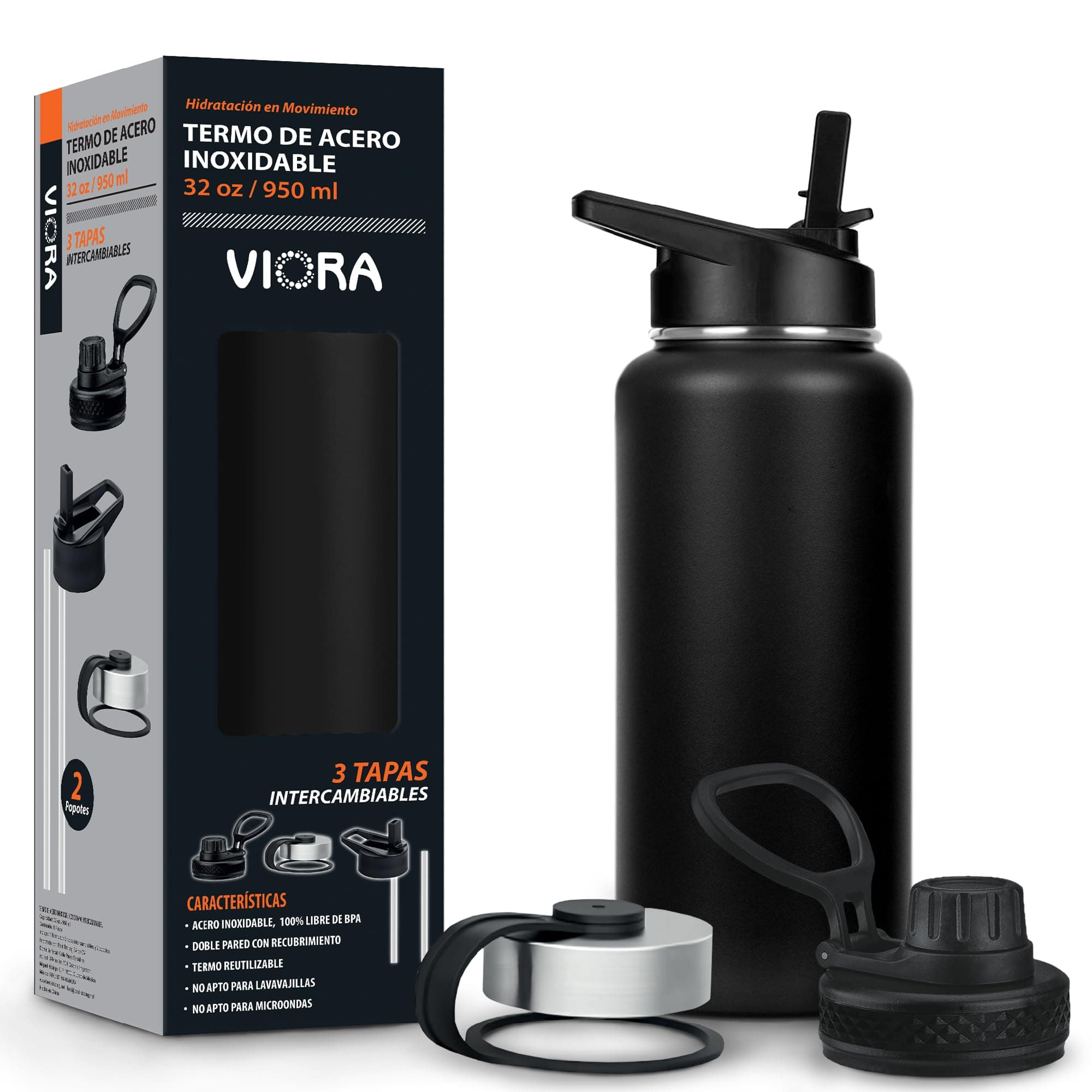 VIORA Termo de Acero Inoxidable para Café y Agua 950 ml (32 oz): Contiene 3 Tapas para Diferentes