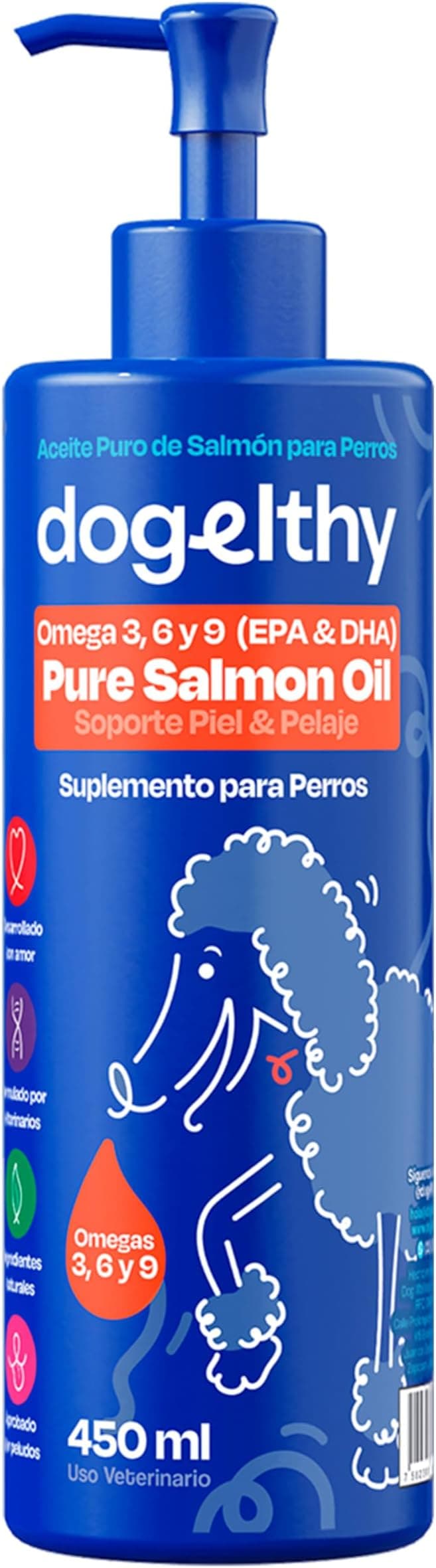 Dogelthy Pure Salmon Oil 450 ml. Aceite de Salmon Omega 3 para Perros con 300 MG de EPA + DHA por