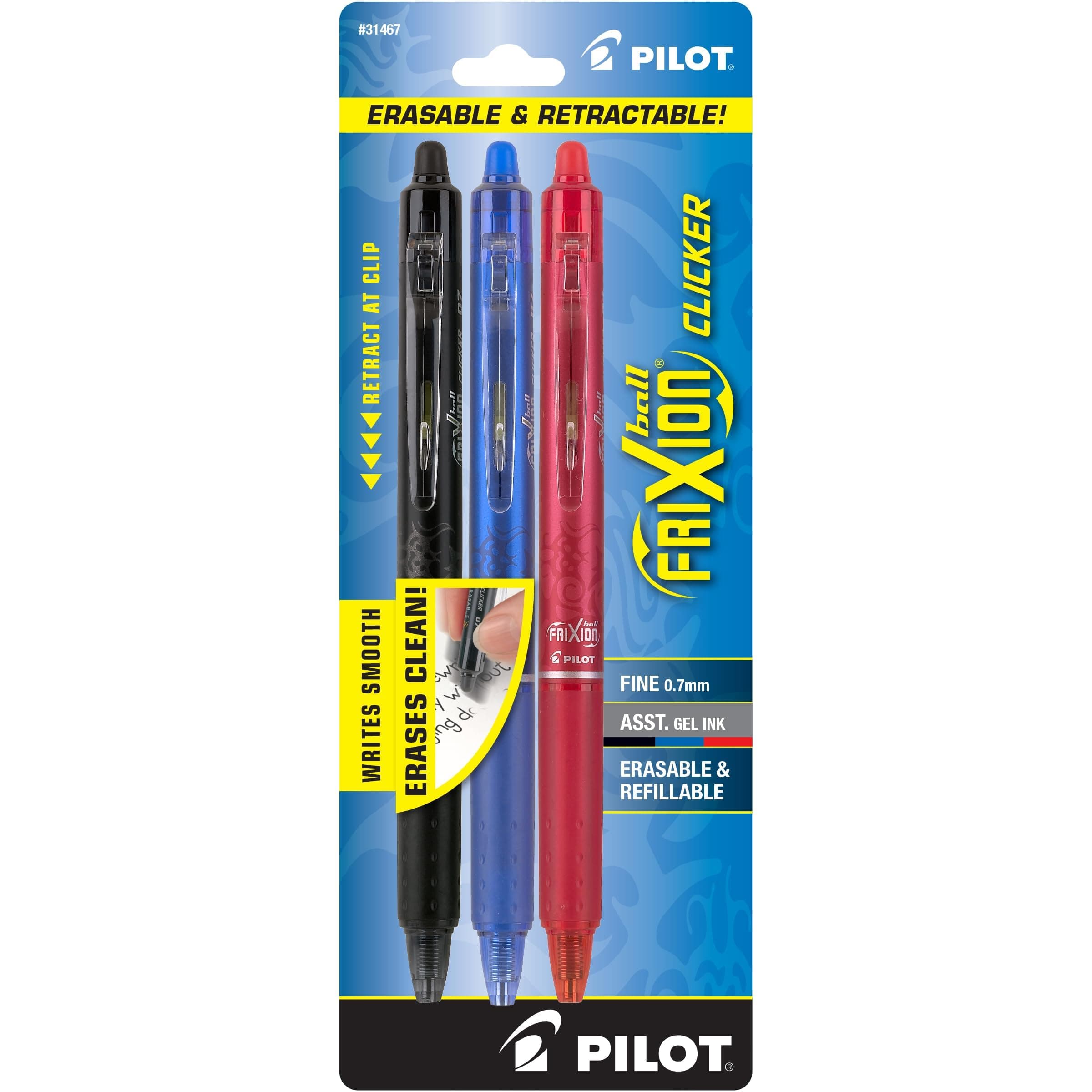 Pilot Frixion Clicker, Bolígrafo Retráctil, Tinta Borrable Colores Surtidos, Usa Repuesto, Blíster