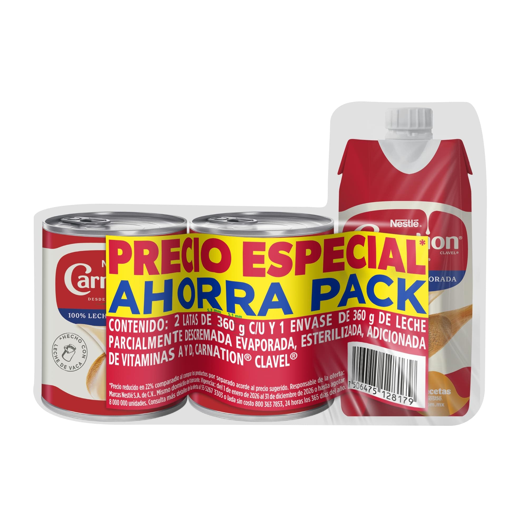 Leche Entera Evaporada Carnation Pack de 2 Latas de 360g y 1 Envase de 360g