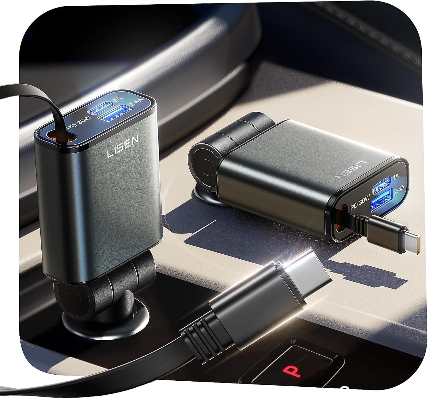 LISEN 3 en 1 Mini Cargador para Auto Retráctil 57W