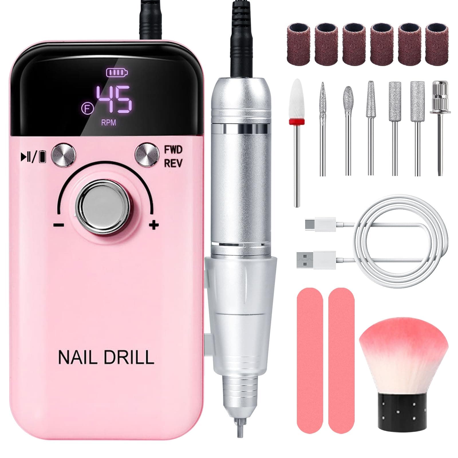 Pulidor de Uñas Profesional 45000 RPM,Taladro para Uñas Eléctrico (Rosa)