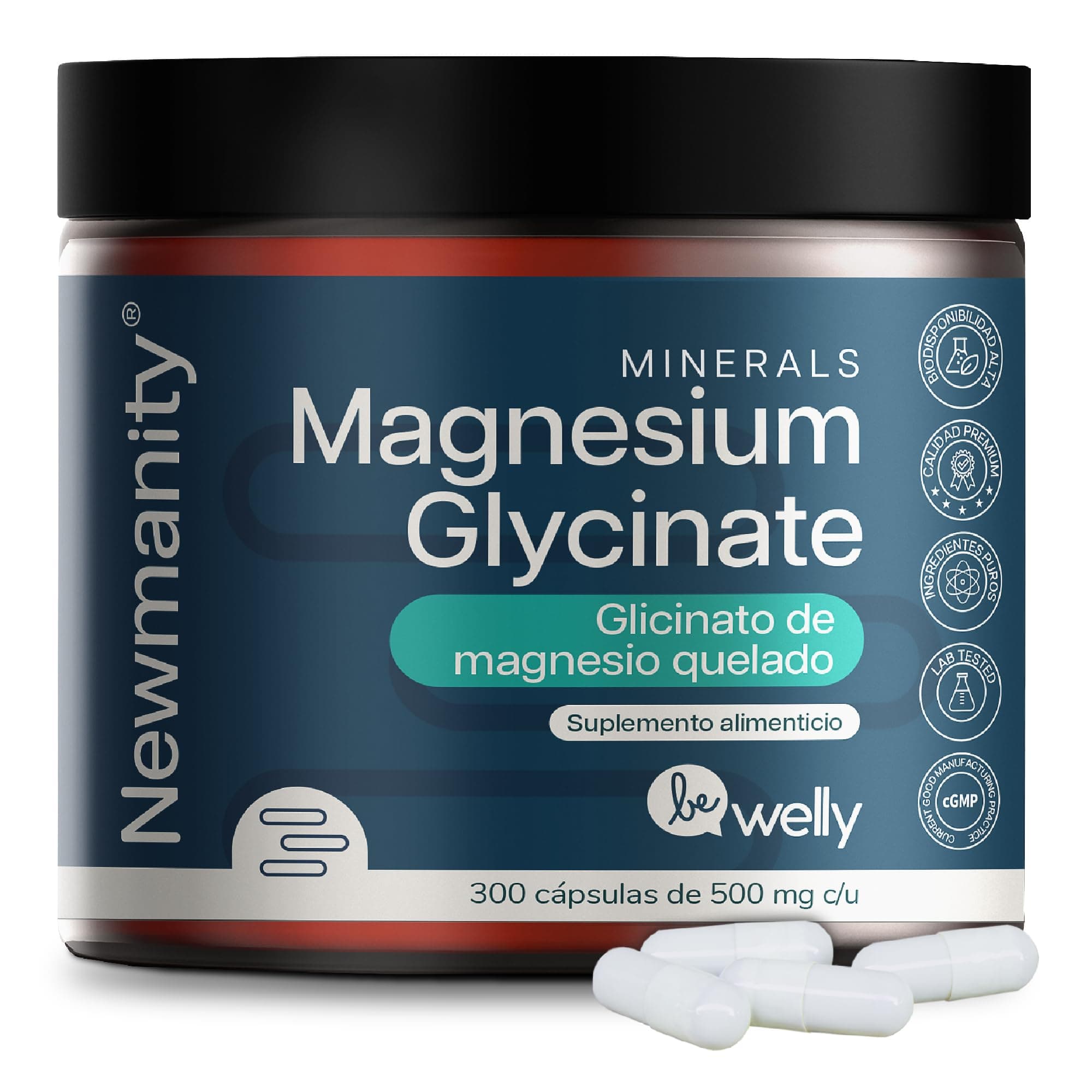 NEWMANITY Glicinato de Magnesio 500 mg BeWelly – 300 Cápsulas de Magnesium Glycinate para