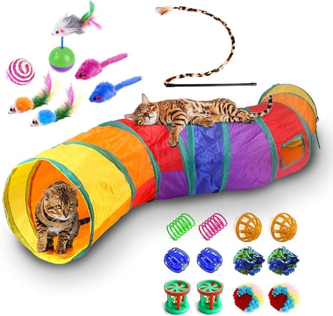 RagaBasics, Kit de 20 Juguetes para Gato, Incluye Túnel de 120cm, Palo Guía, Pelotas, Ratones y Mas