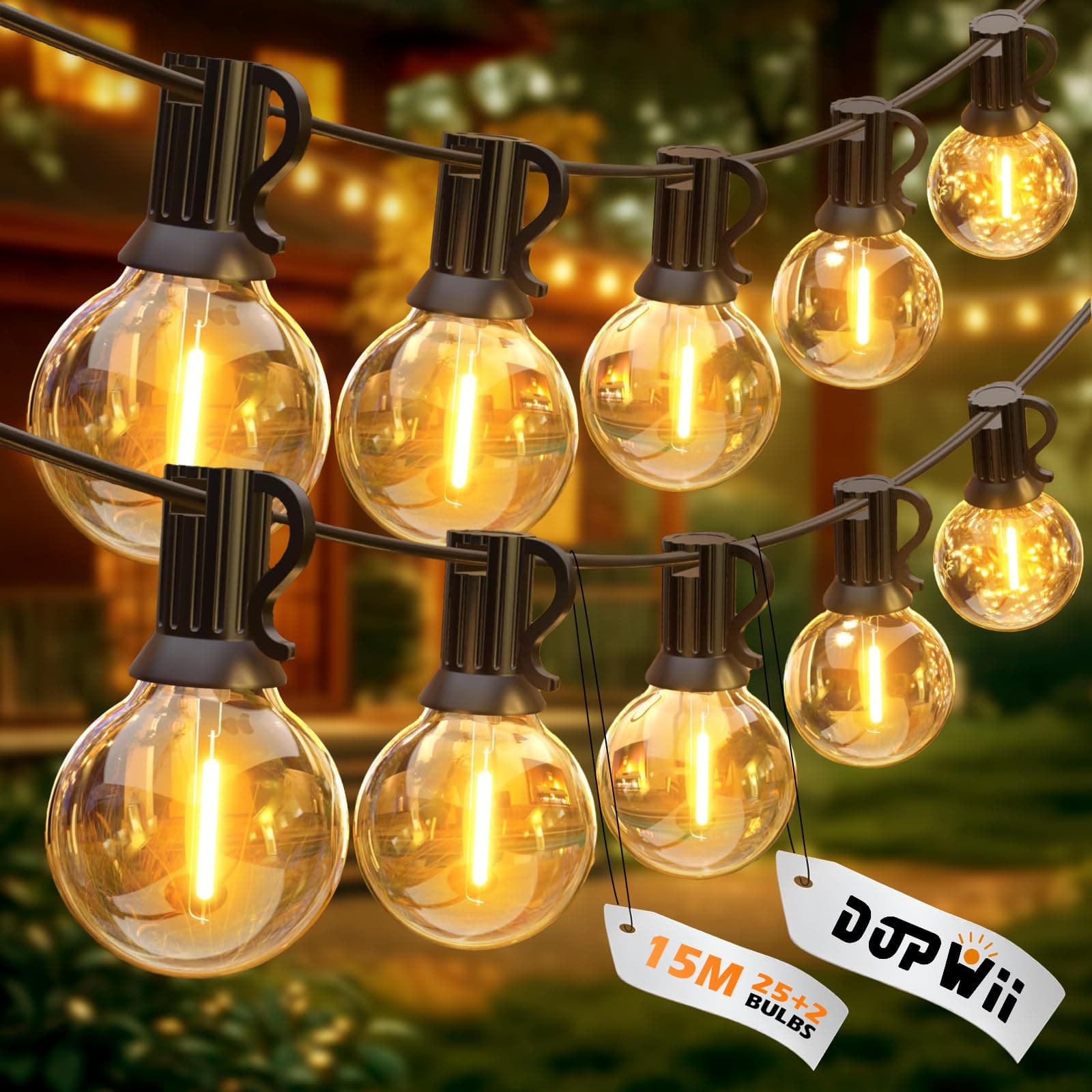 Guirnalda de Luces LED Exterior, 15m 25+2 Focos LED G40 Inastillables