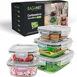 Raganet, Set De 5 Contenedores De Vidrio Herméticos Para Alimentos, Toppers