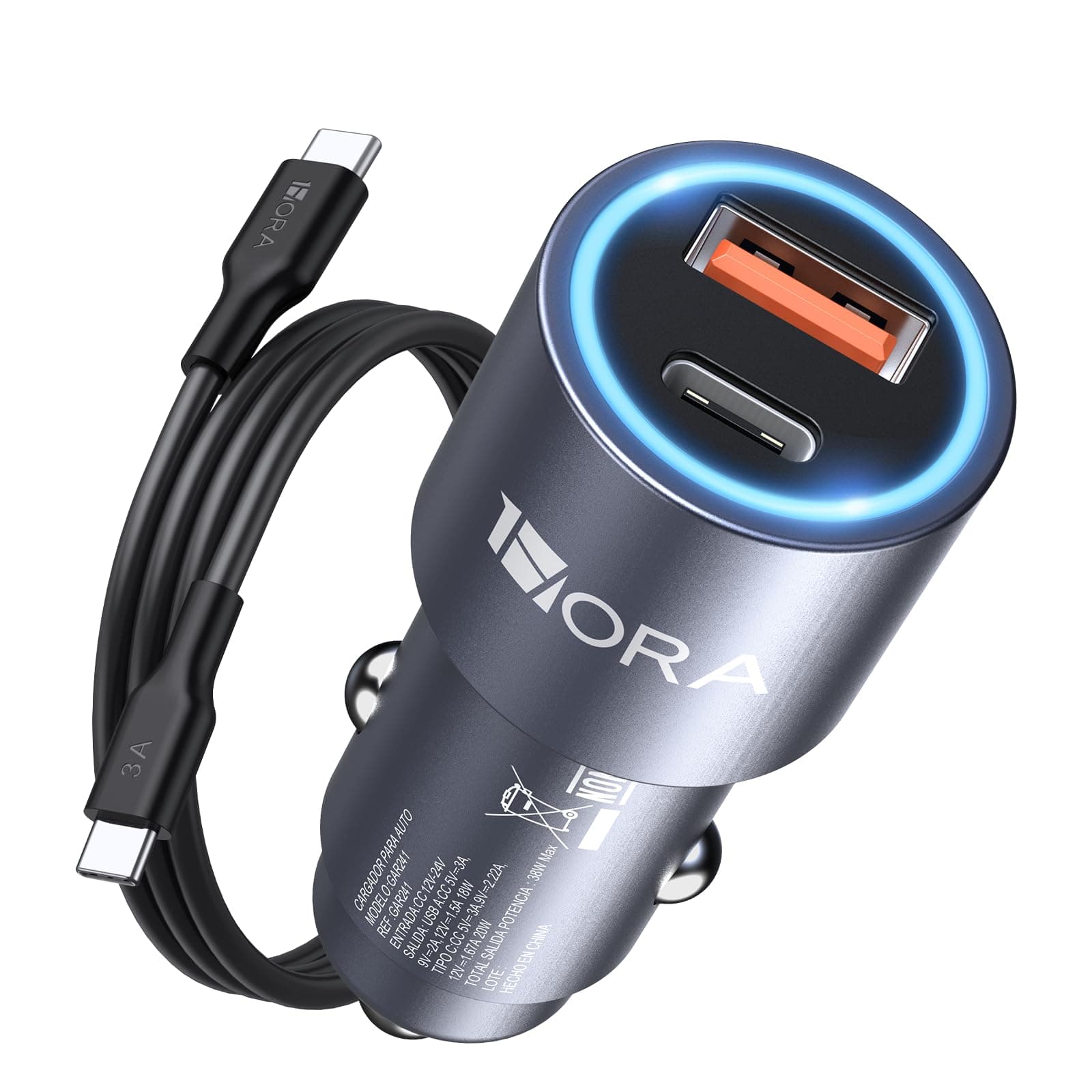 1 Hora Cargador para Auto 38W USB-C/USB-A
