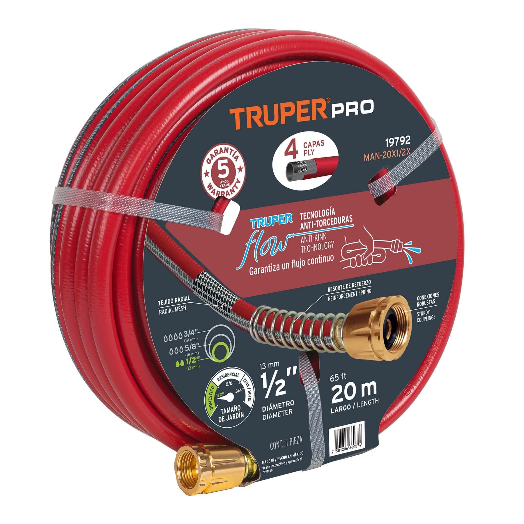 Truper MAN-20X1/2X, Manguera armada super reforzadas 4 capas, conexiones metálicas, 1/2", 20 m