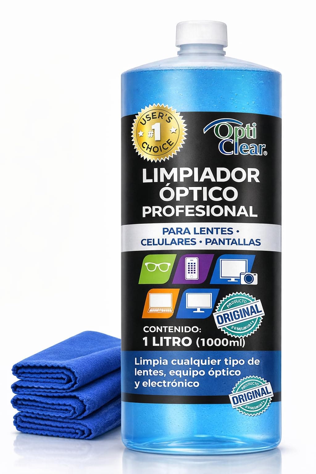 Opticlear® | Solución Profesional Limpiadora Premium | 1 Litro + 3 paños de microfibra | Limpiador