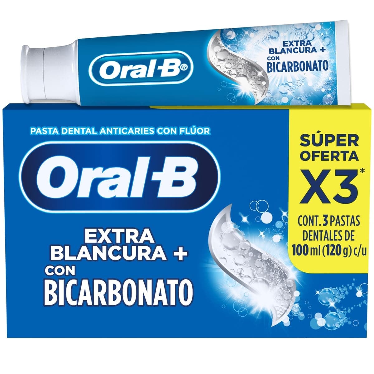 Oral B Pasta Dental Con Flúor Extra Blancura Con Bicarbonato Anticaries, 3 Unidades (100 ml)