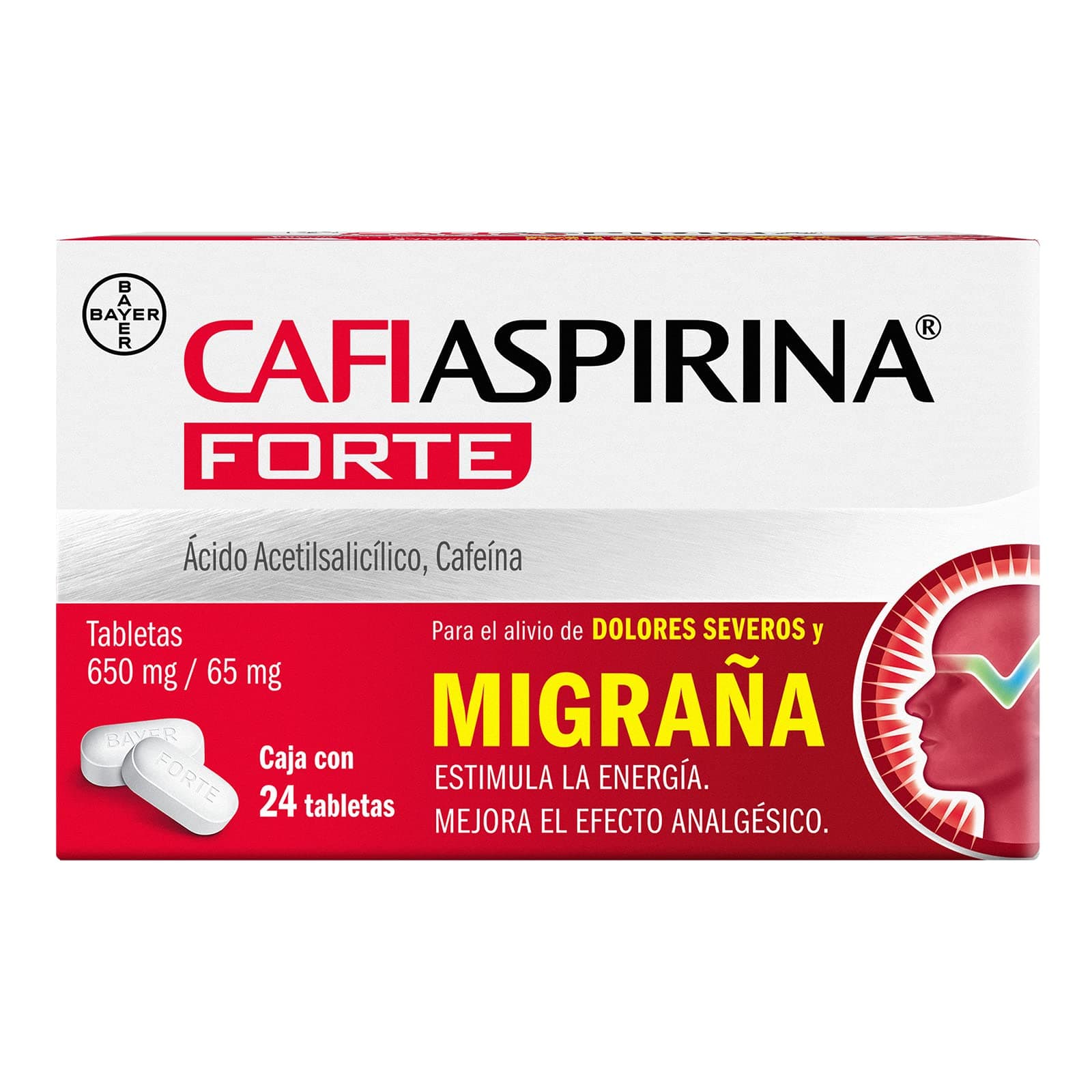 Cafiaspirina Forte, Aspirina 650mg más Cafeína 65mg Para el Alivio de Dolores Severos y Migraña