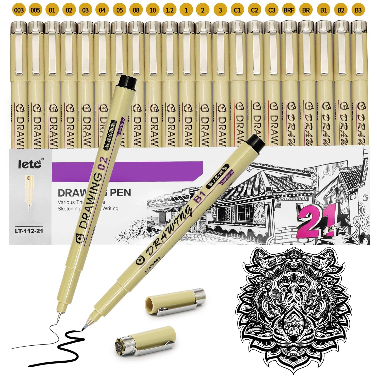 Estilografos, 21 Piezas Plumas de Dibujo Negro, Plumas de Caligrafía Arte Punta Fino con 0.15-3MM