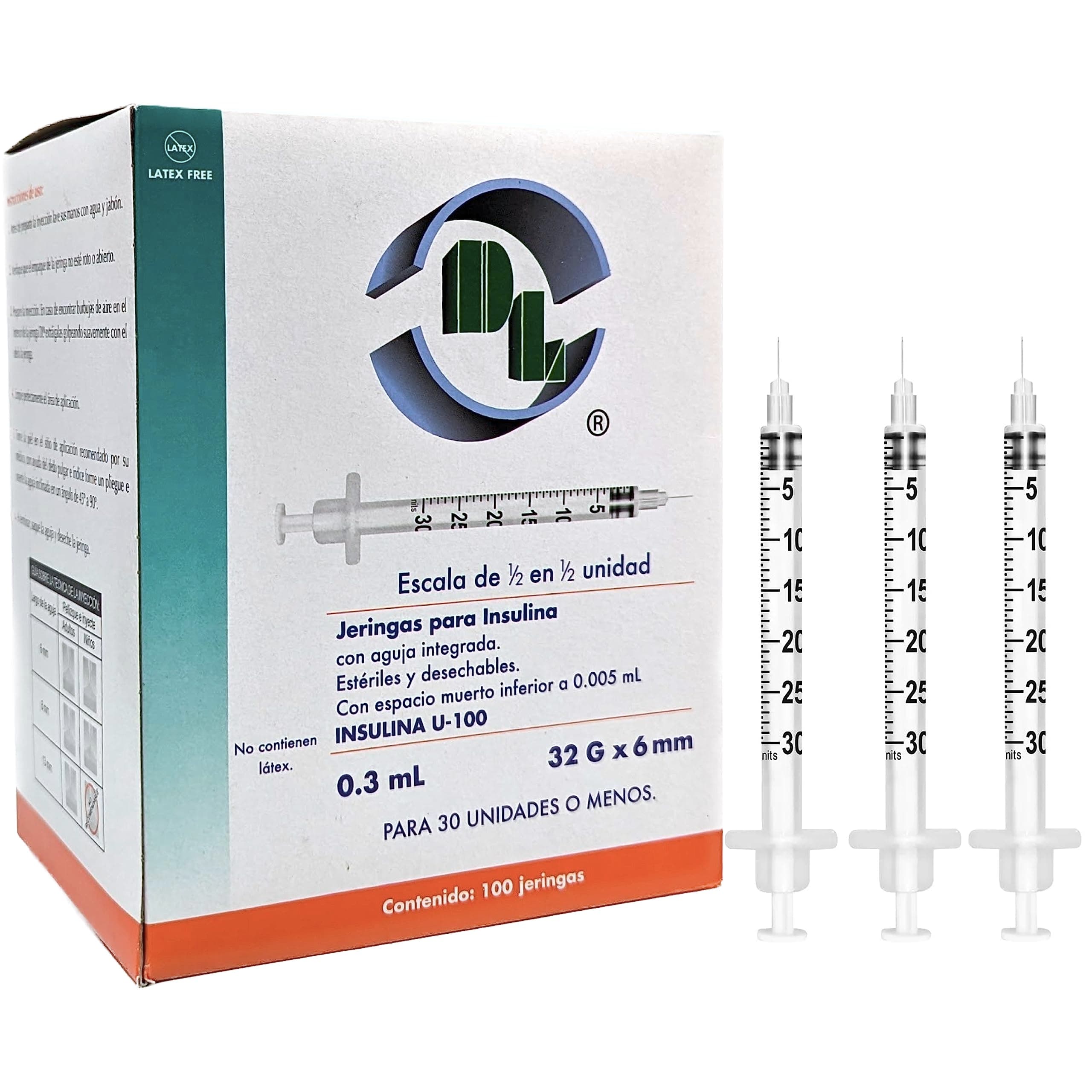 Caja De 100 Jeringas Para Insulina 0.3 Ml Con Aguja 32 G X 6 Mm Unibody