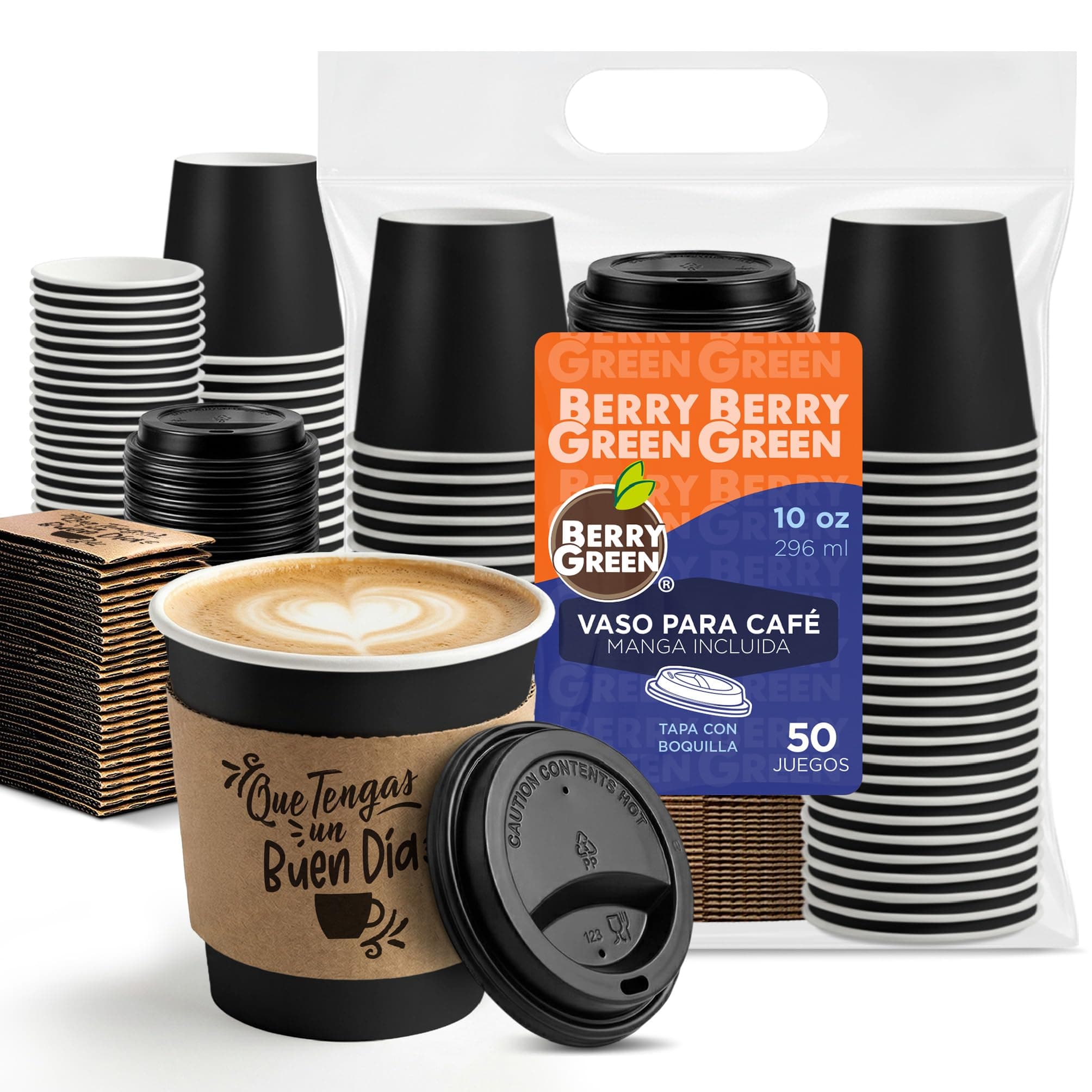 Berry Green 50 Vasos Negros para Café de 10 oz (295 ml) Resistentes