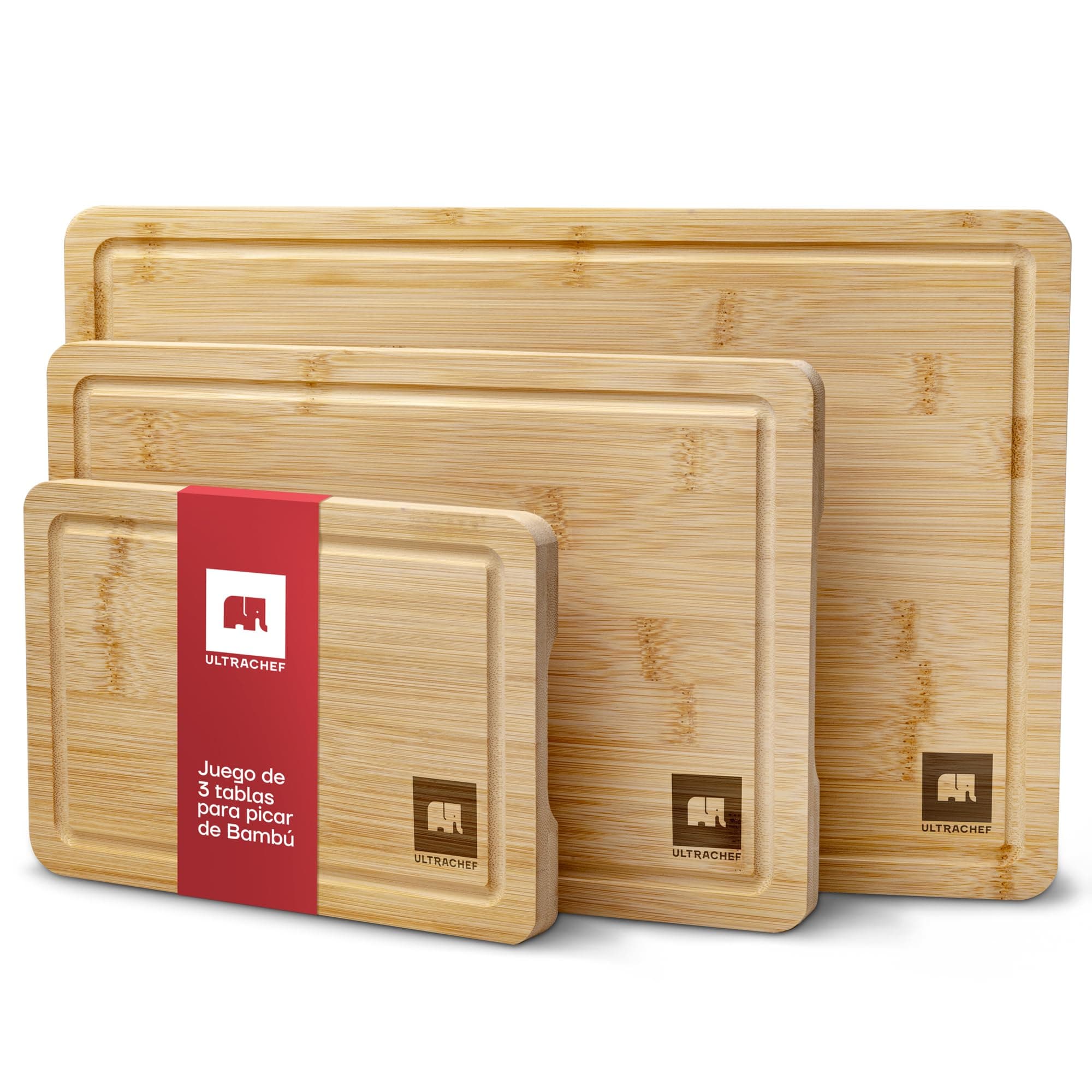 ULTRACHEF Juego 3 Tablas para Picar de Madera de Bambú. Tablas de Cocina para Cortar Premium