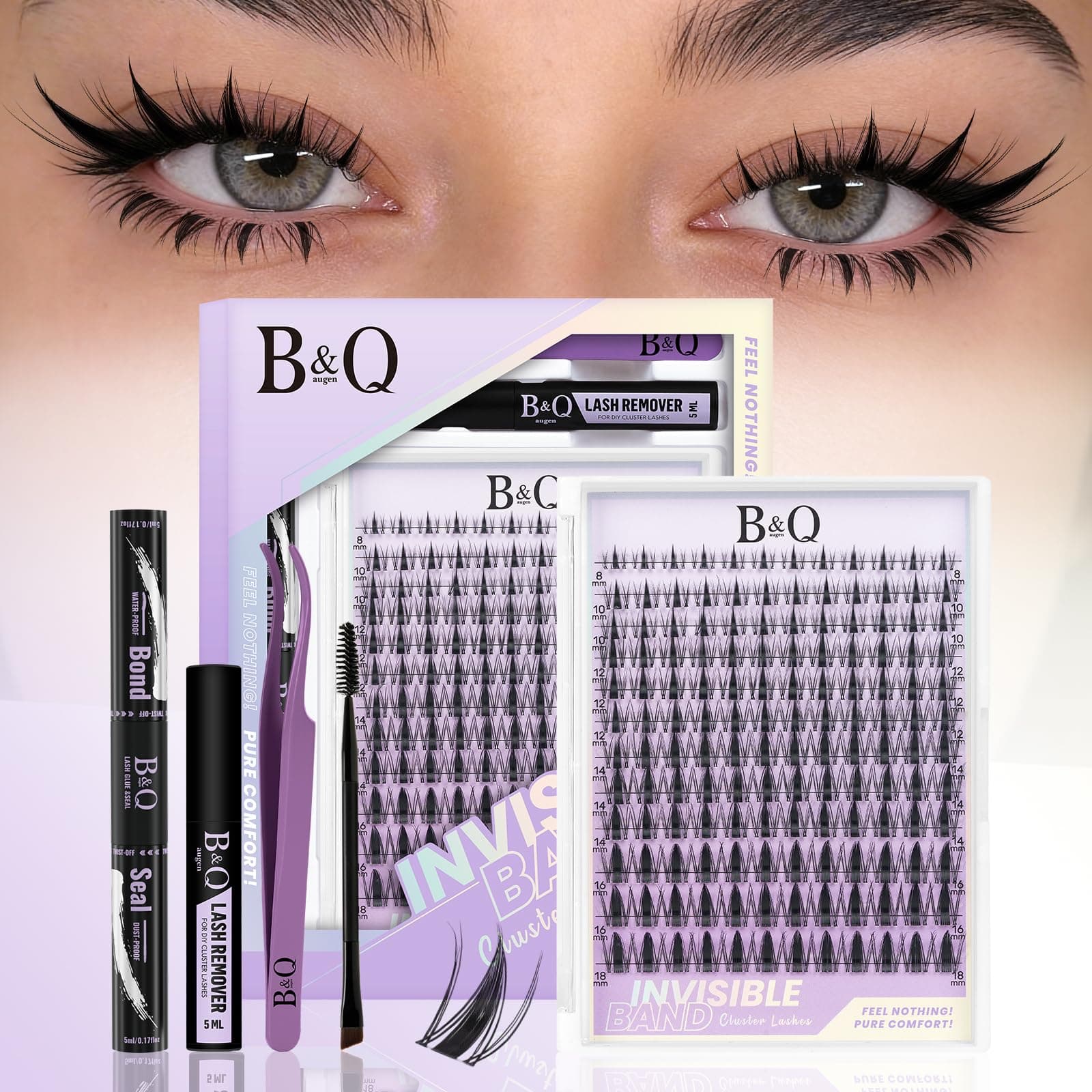 B&Q Fairy Pestañas Postizas Kit Completo Naturales Banda Invisible Racimos 144 pcs Extensiones de