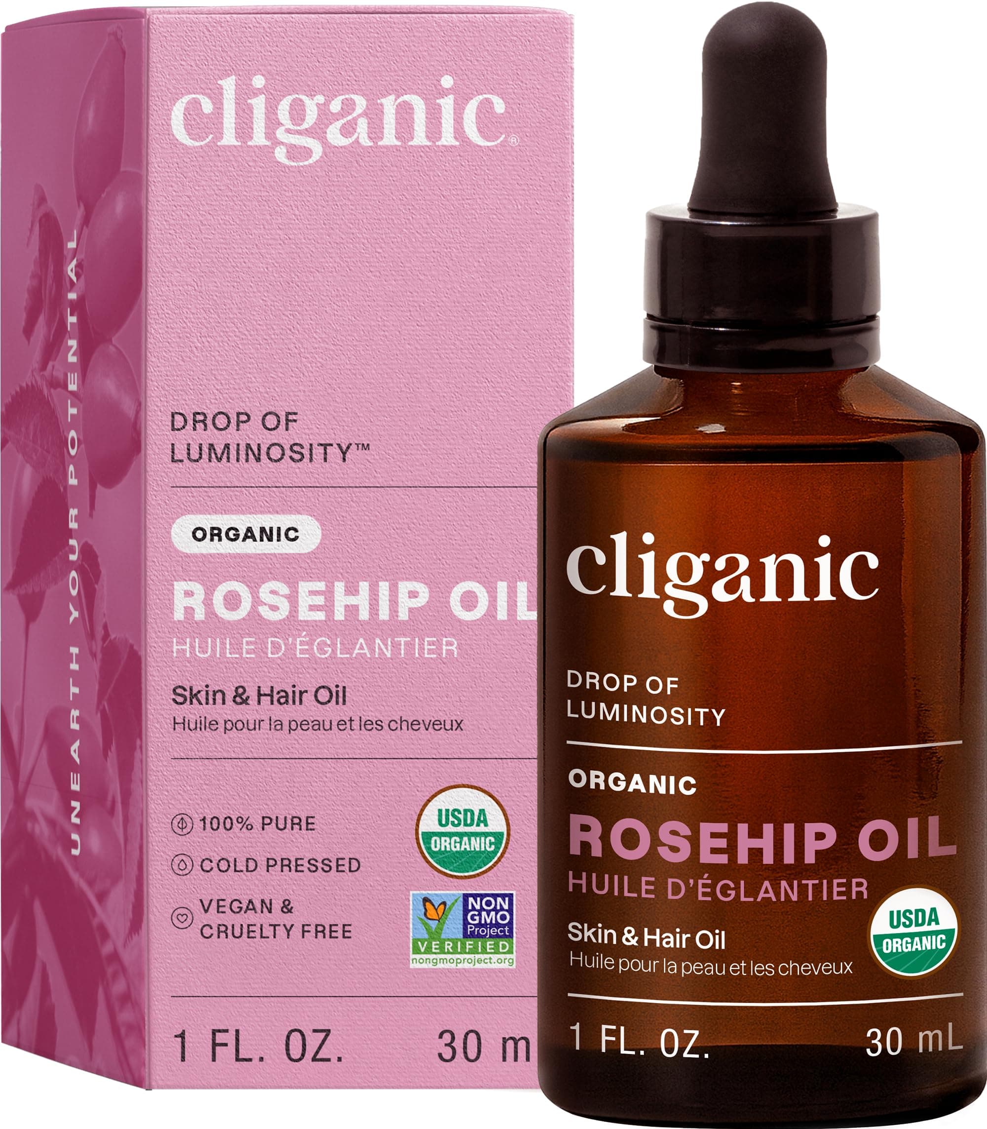 Cliganic Aceite de Rosa Mosqueta Orgánico Sin Refinar para Rostro 30 ml