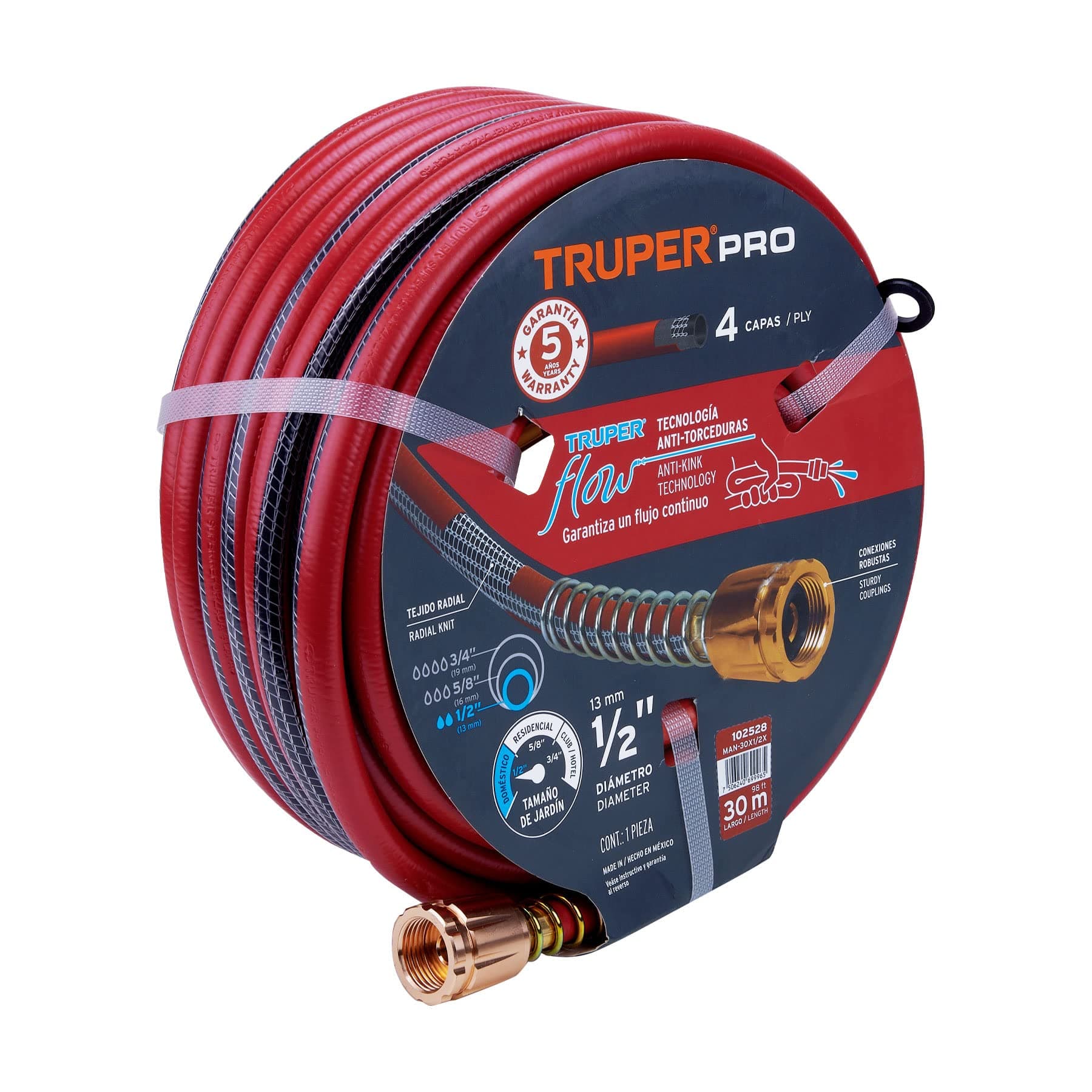 Truper MAN-30X1/2X, Manguera 1/2" super reforzada 4 capas 30 m conexiones metal