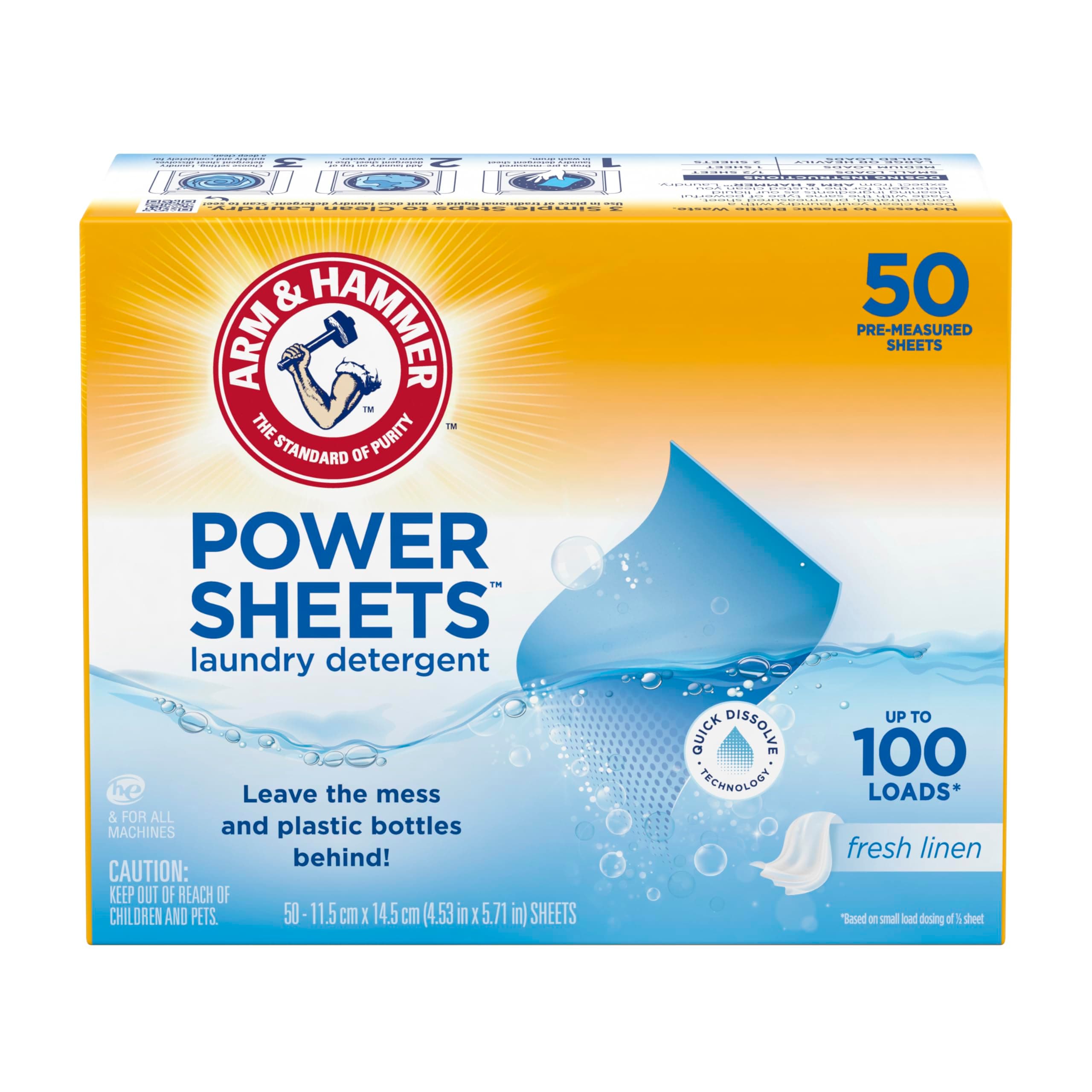 Arm & Hammer Power Sheets Caja con 50 Piezas. Detergente para Ropa en Láminas. Limpieza Profunda