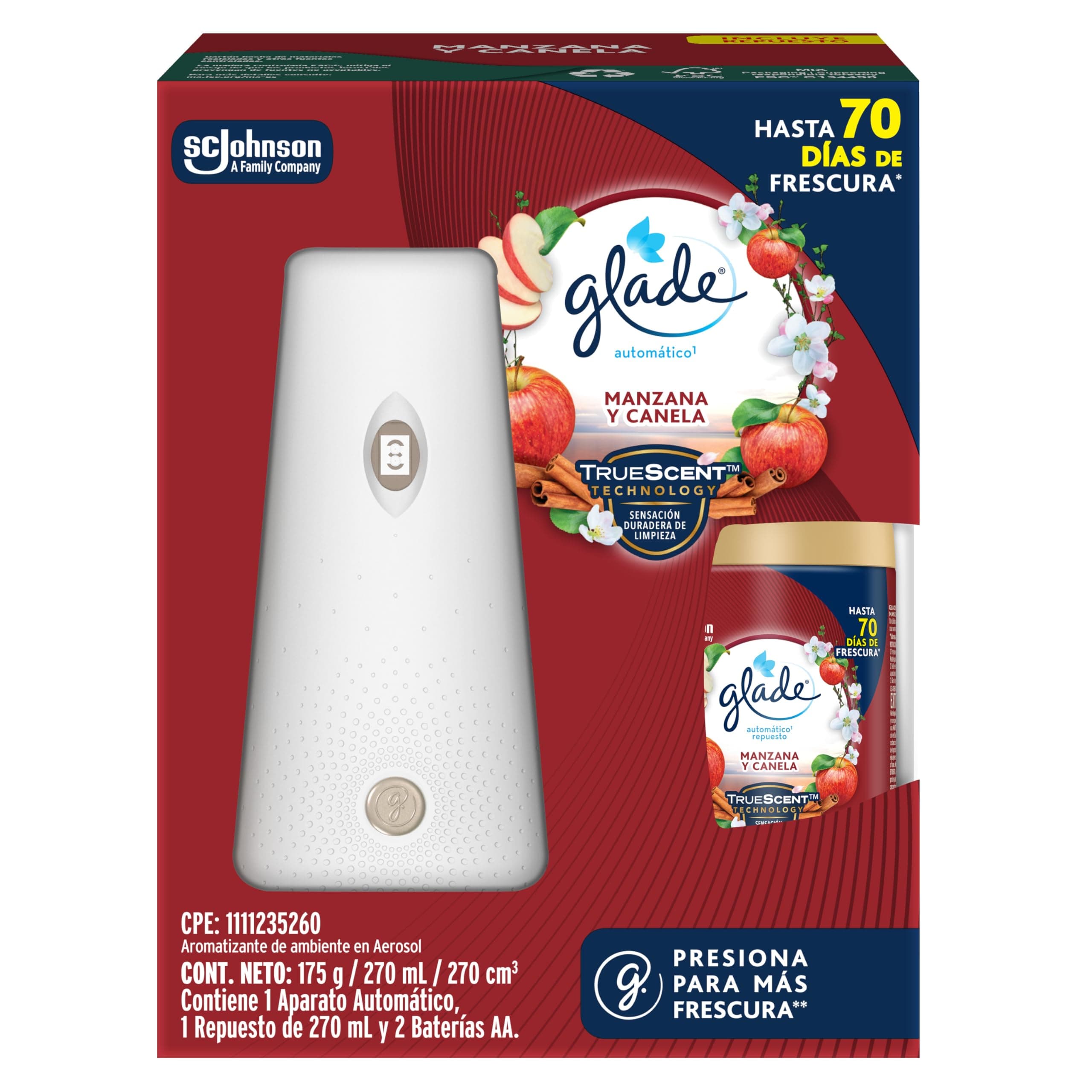 Glade Aromatizante para Hogar Automático Manzana y Canela, Aparato 270 ml